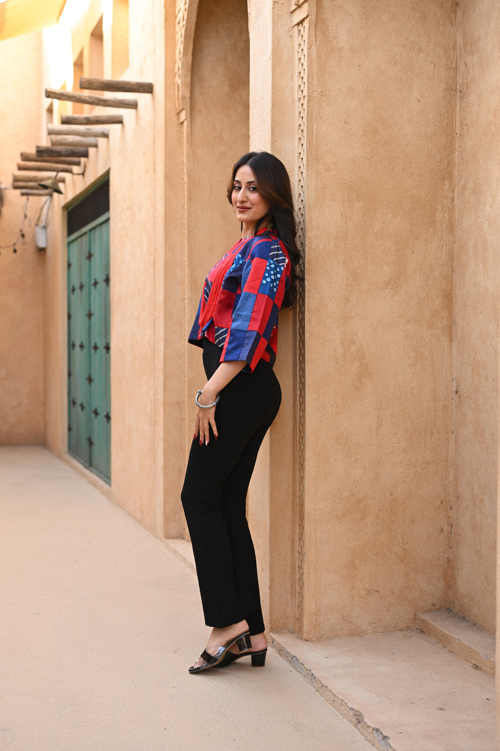 RED-BLUE PATCHWORK SILK BLOUSE