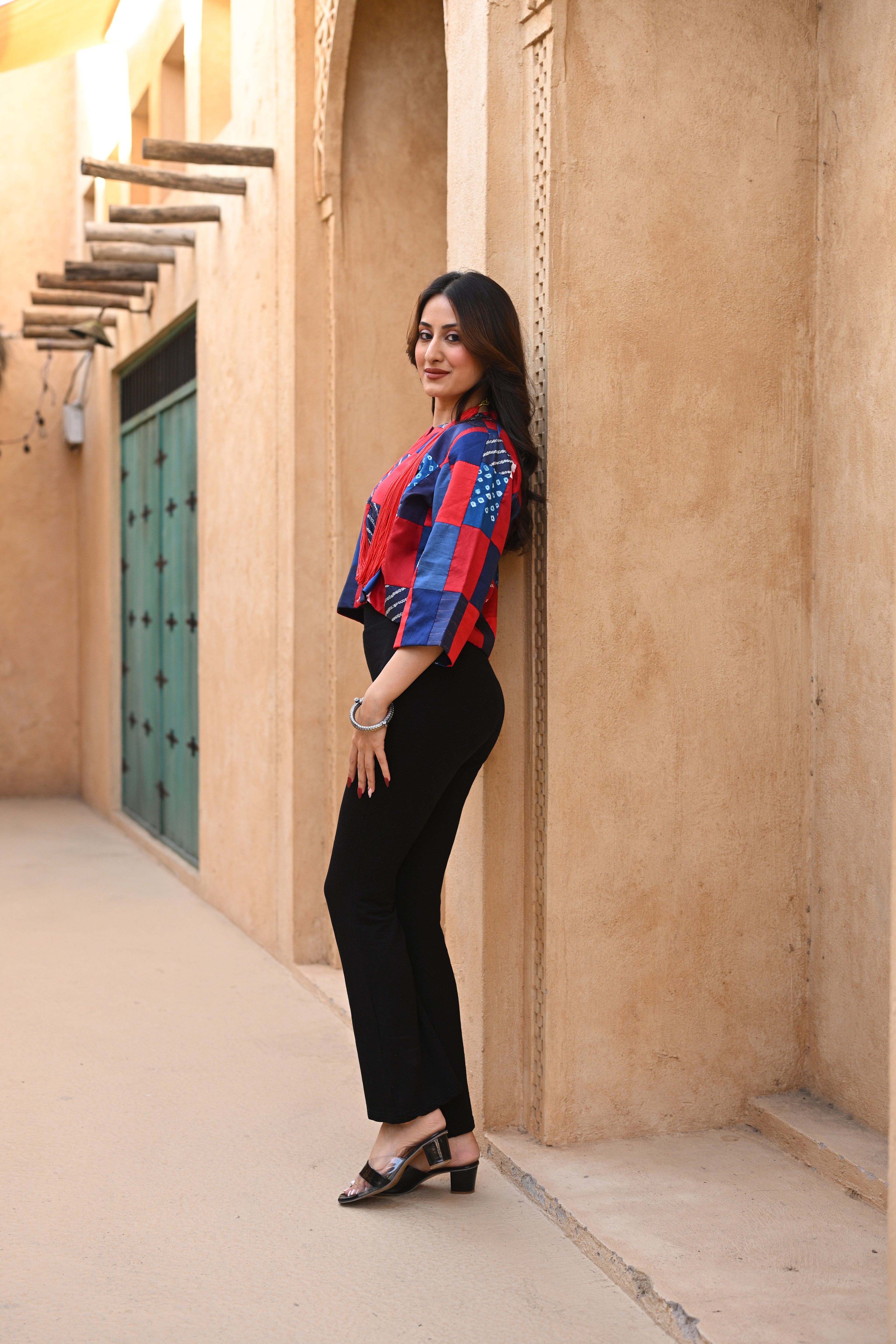 RED-BLUE PATCHWORK SILK BLOUSE