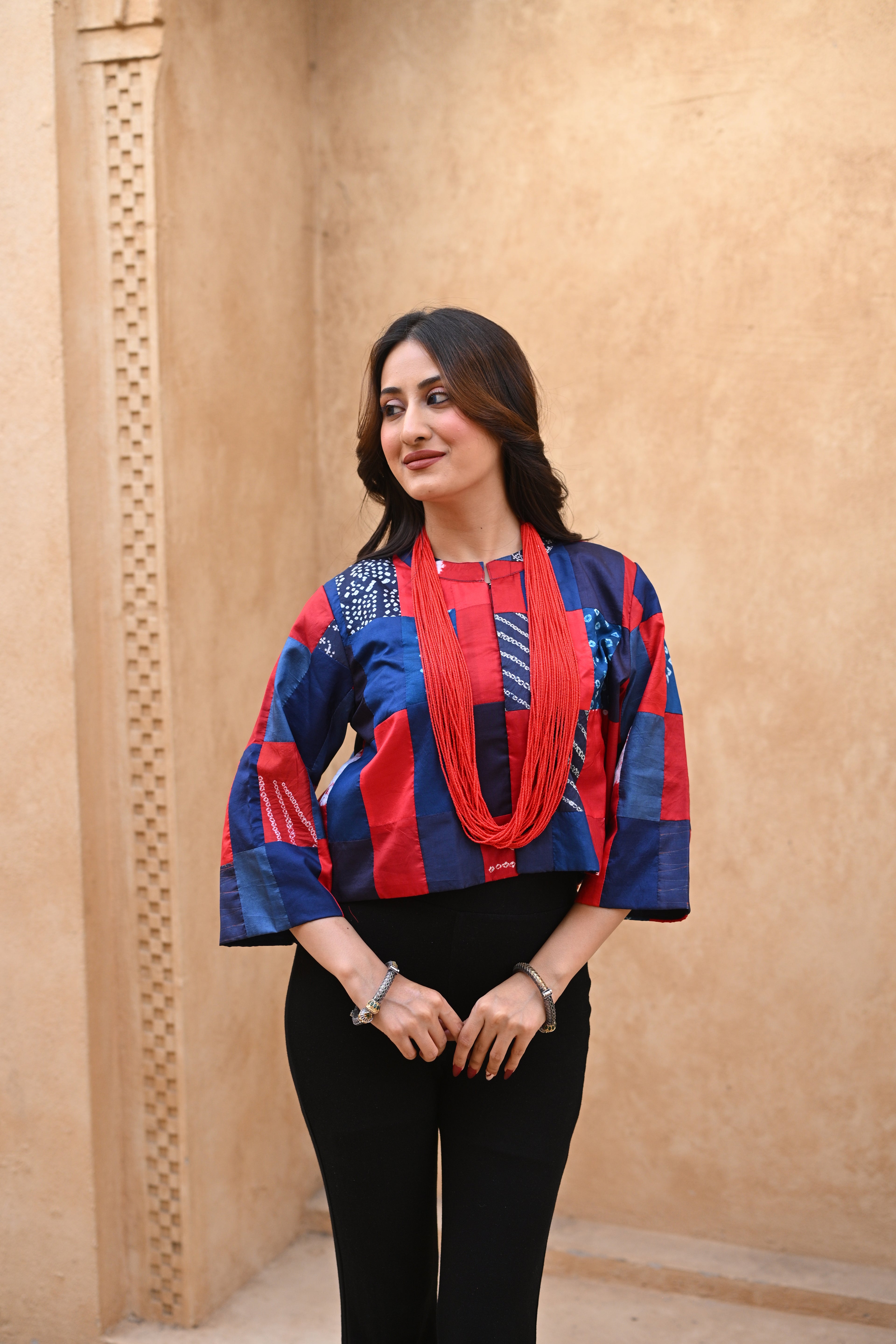 RED-BLUE PATCHWORK SILK BLOUSE