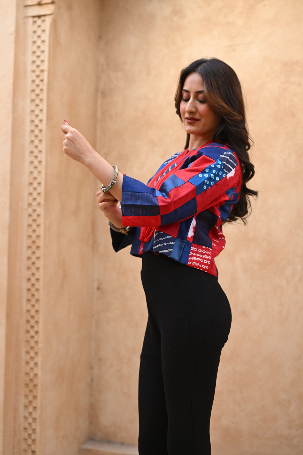 RED-BLUE PATCHWORK SILK BLOUSE