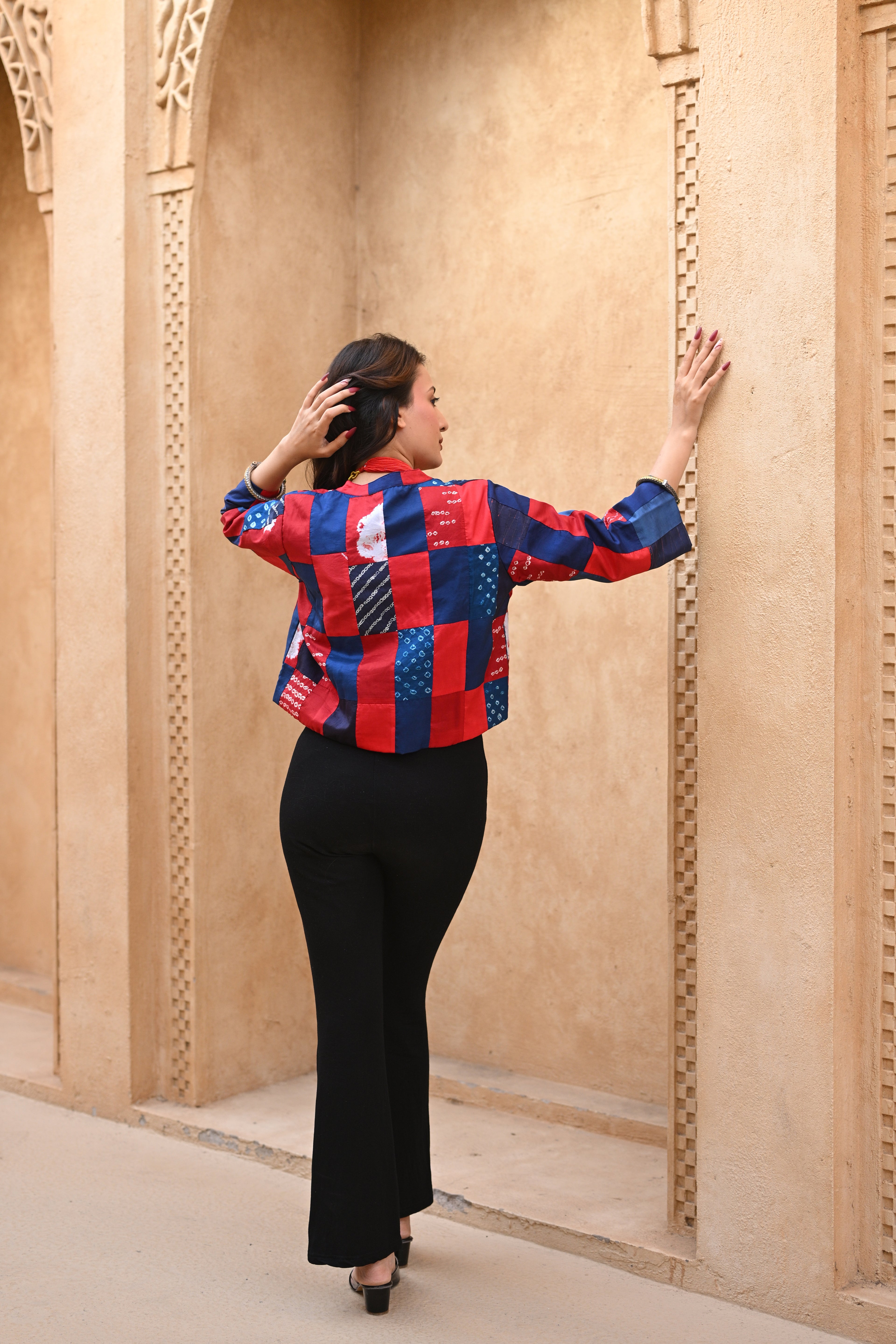 RED-BLUE PATCHWORK SILK BLOUSE