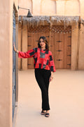 RED-BLACK PATCHWORK SILK BLOUSE