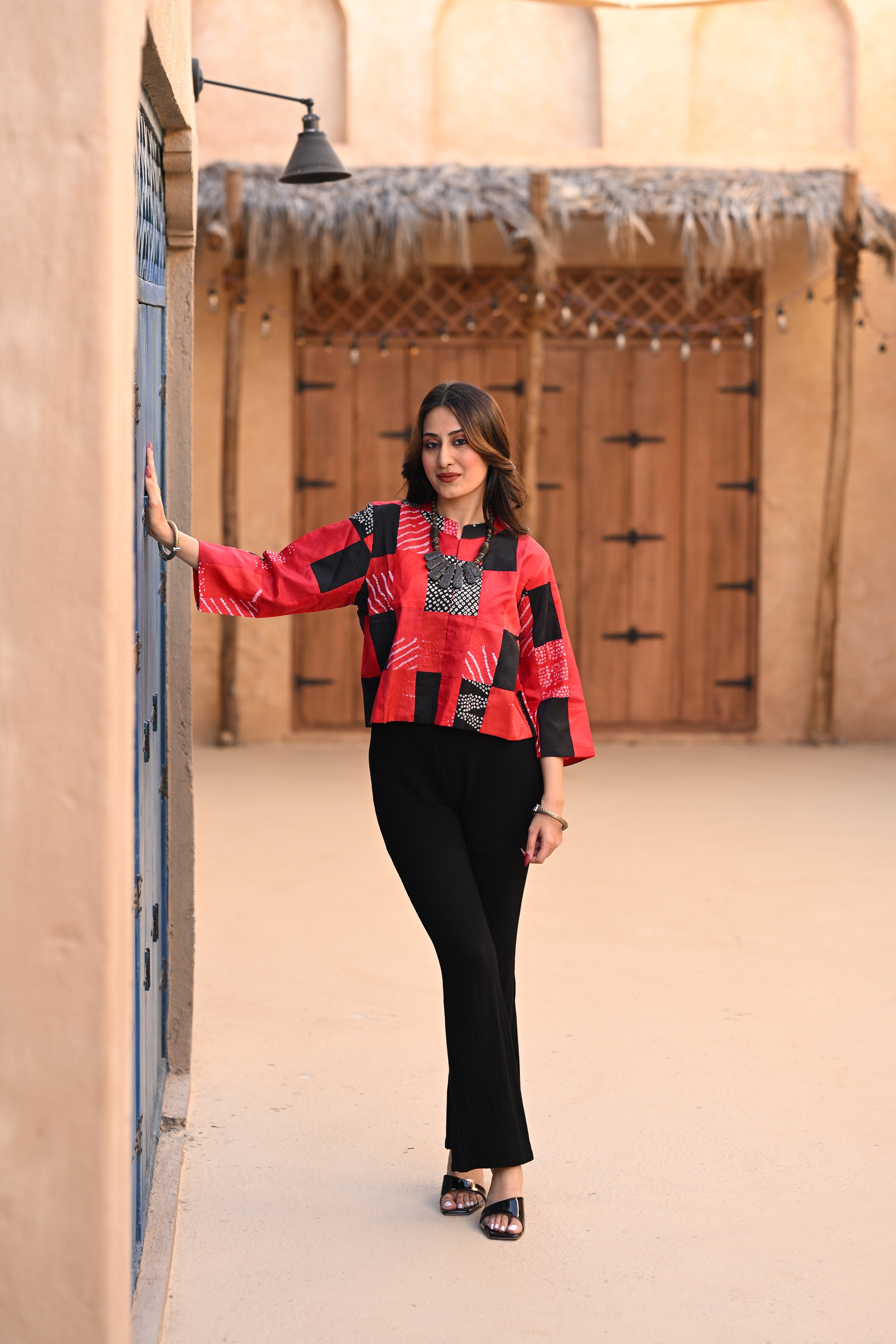 RED-BLACK PATCHWORK SILK BLOUSE