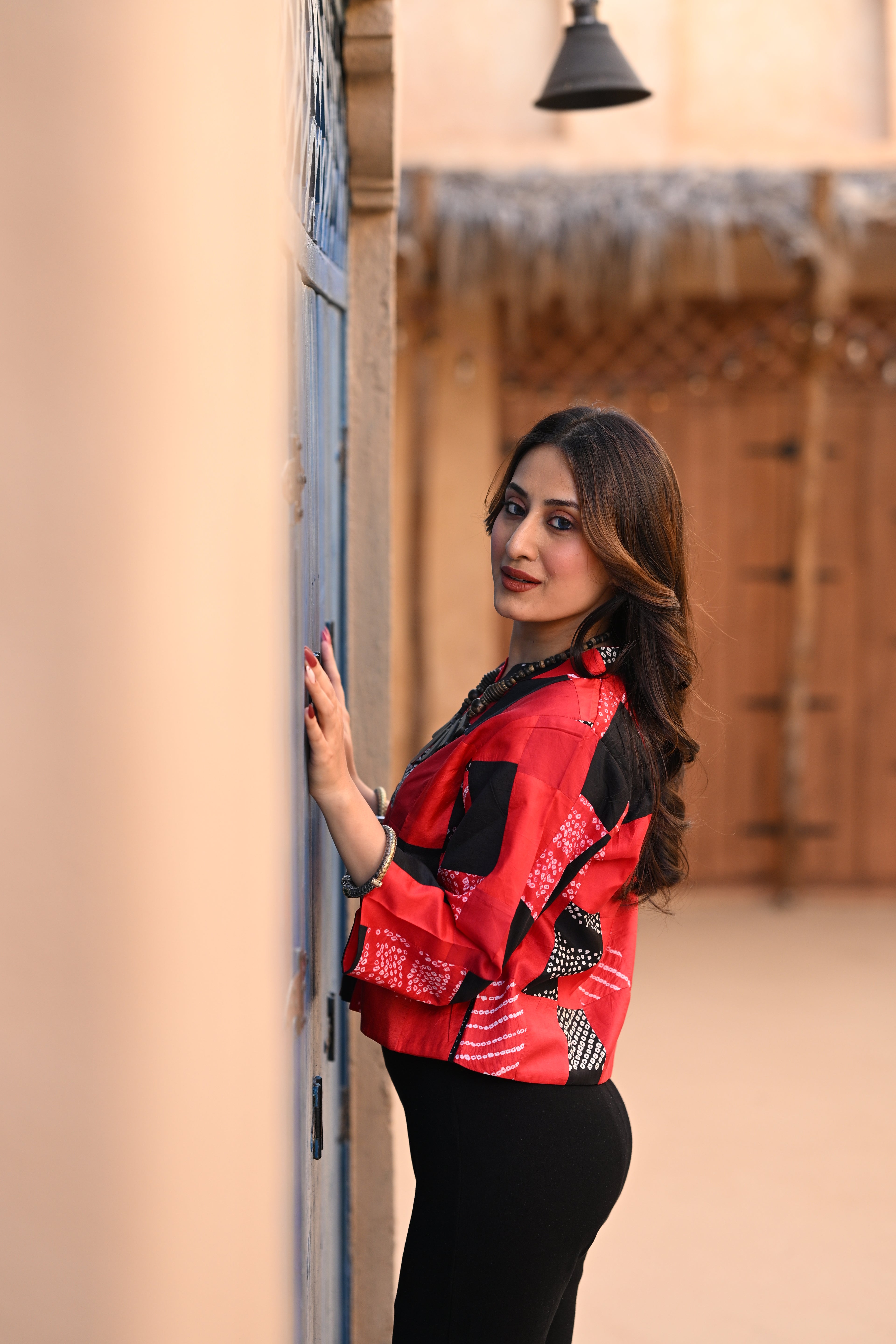 RED-BLACK PATCHWORK SILK BLOUSE