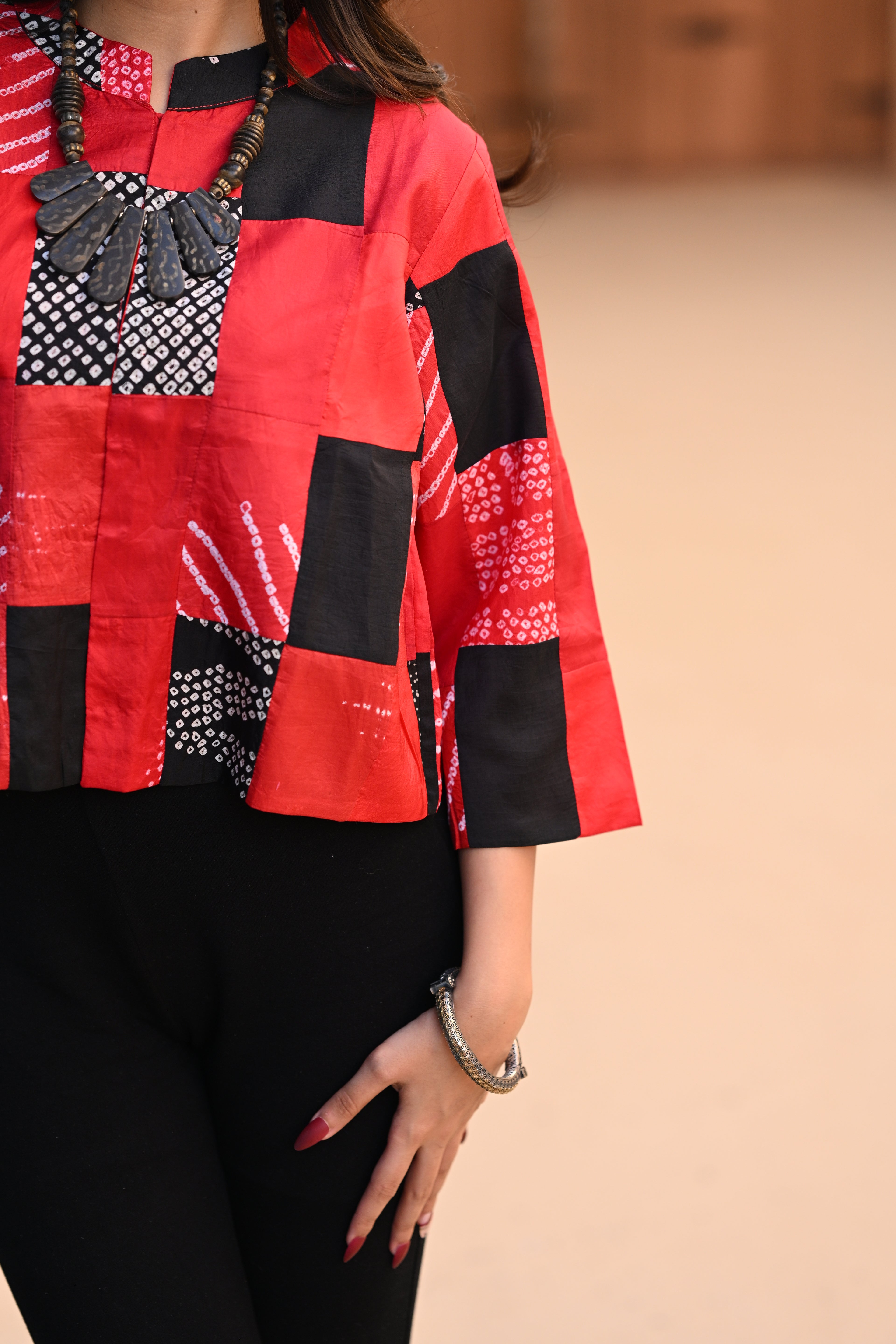 RED-BLACK PATCHWORK SILK BLOUSE