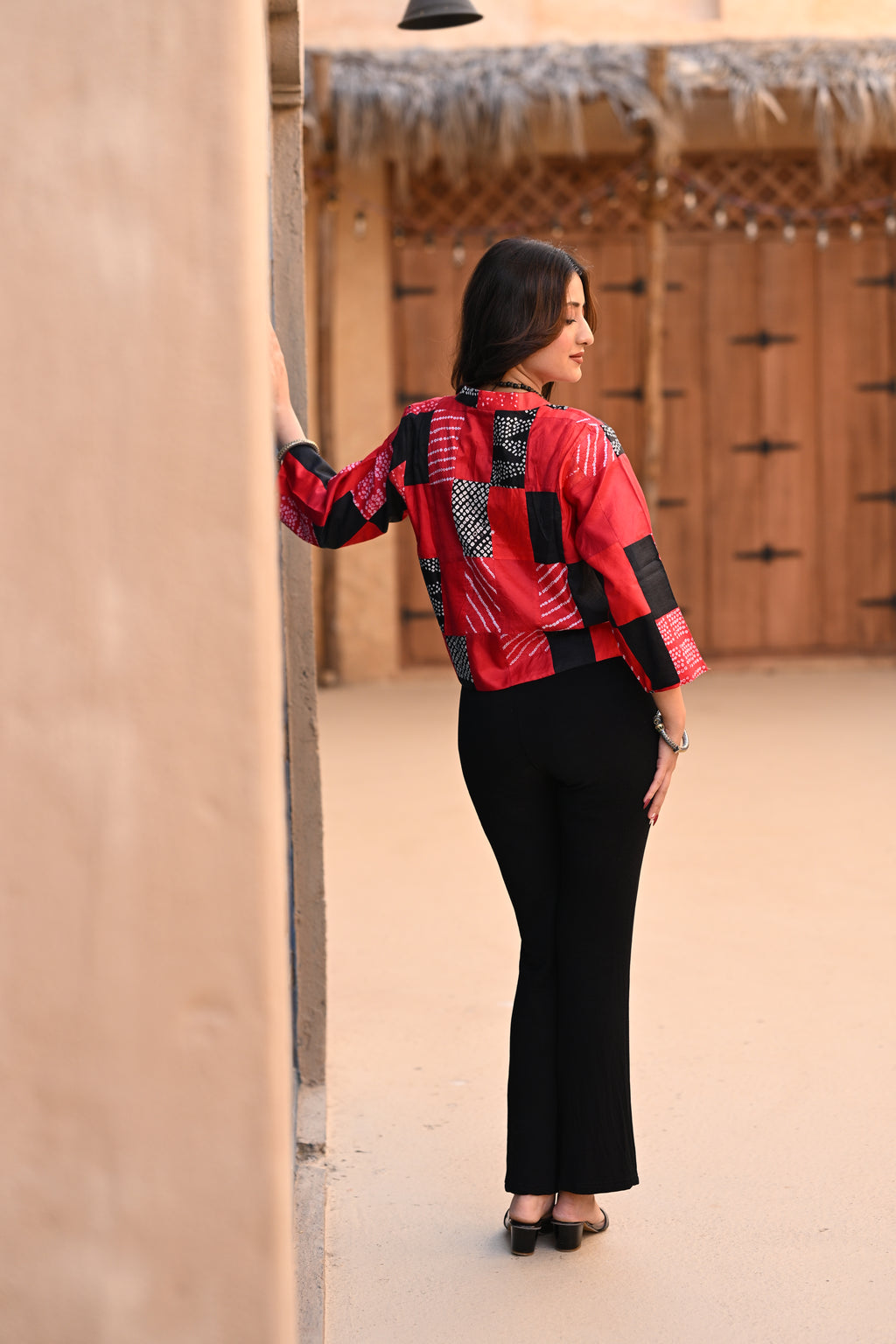 RED-BLACK PATCHWORK SILK BLOUSE