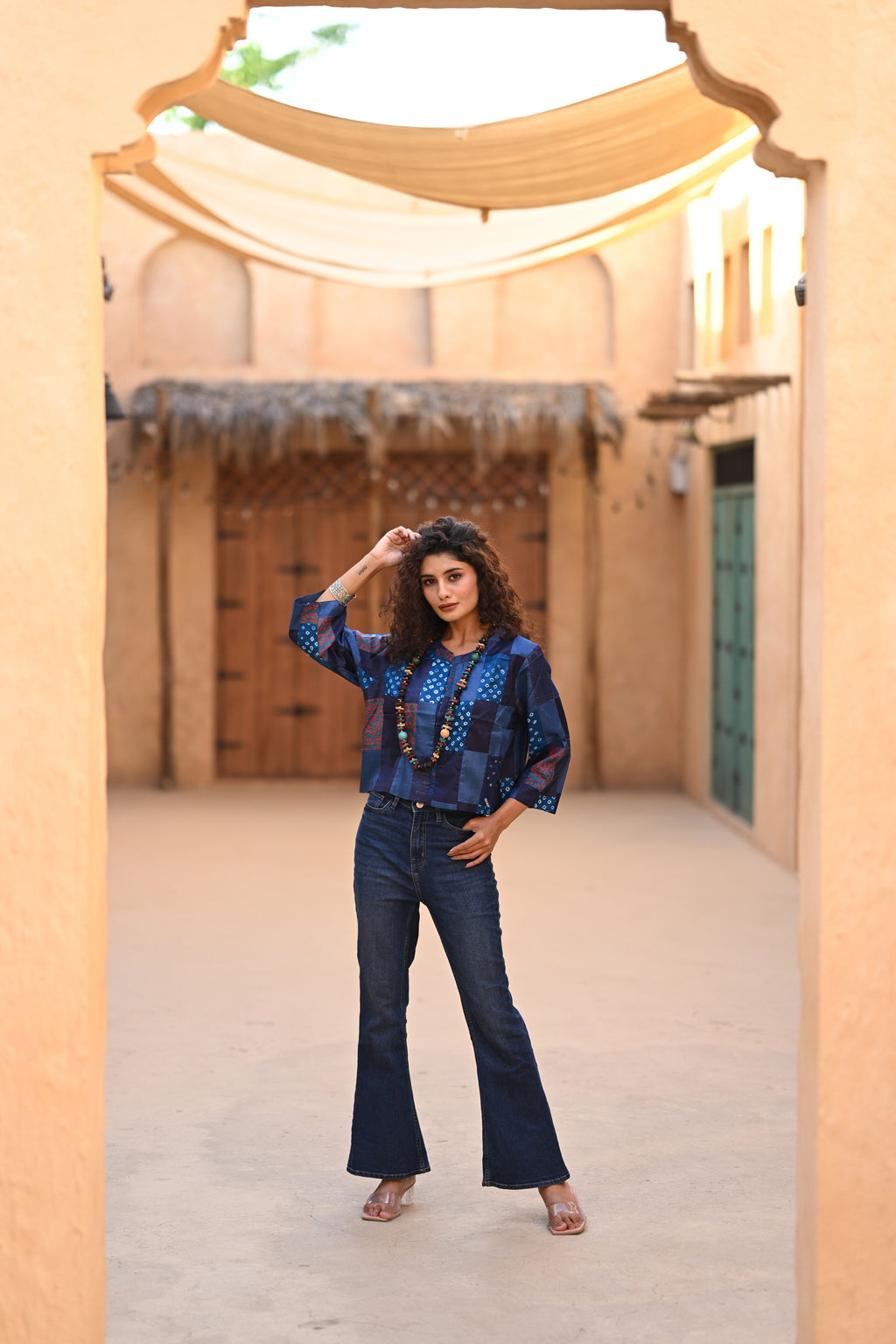 BLUE PATCHWORK SILK BLOUSE