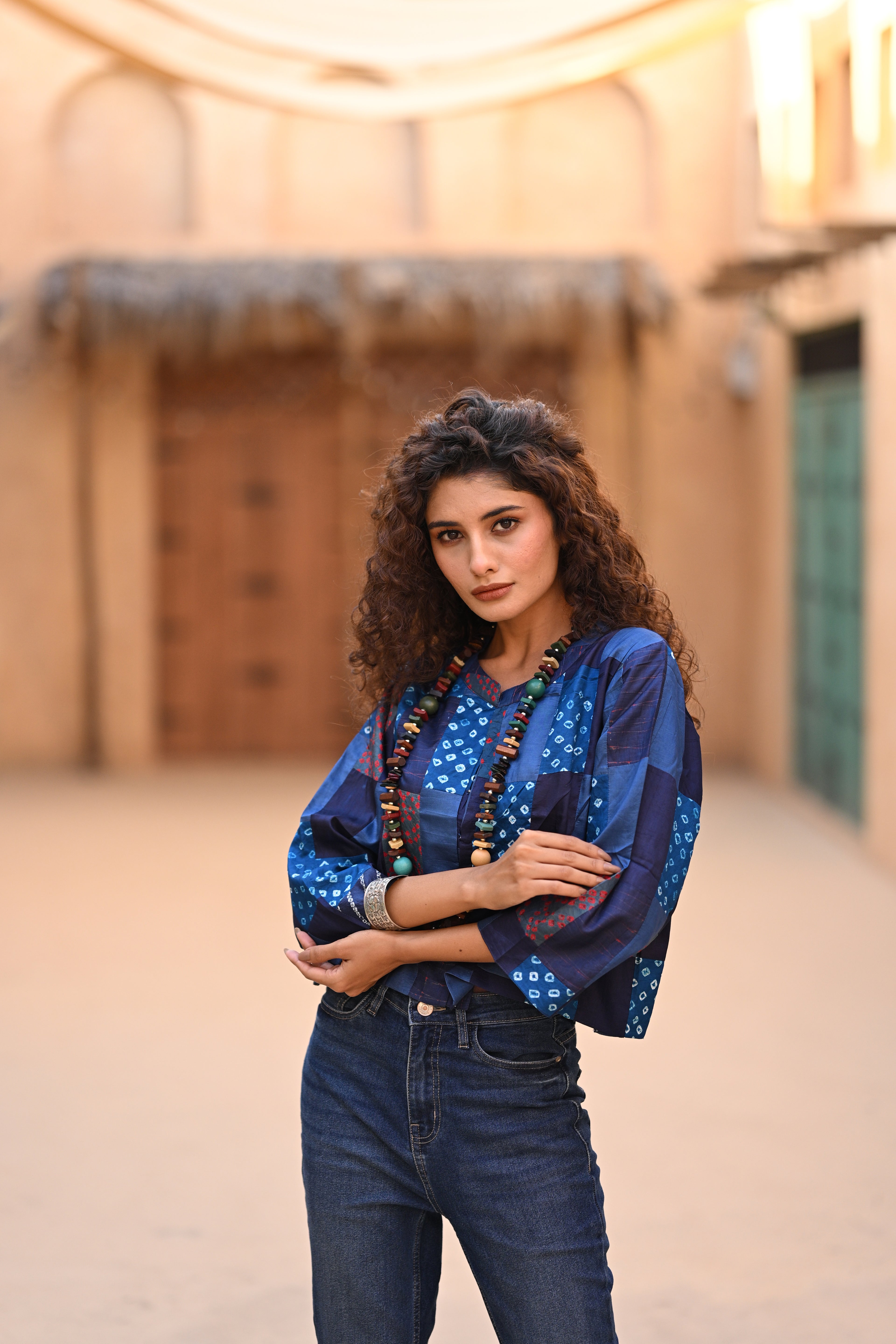 BLUE PATCHWORK SILK BLOUSE