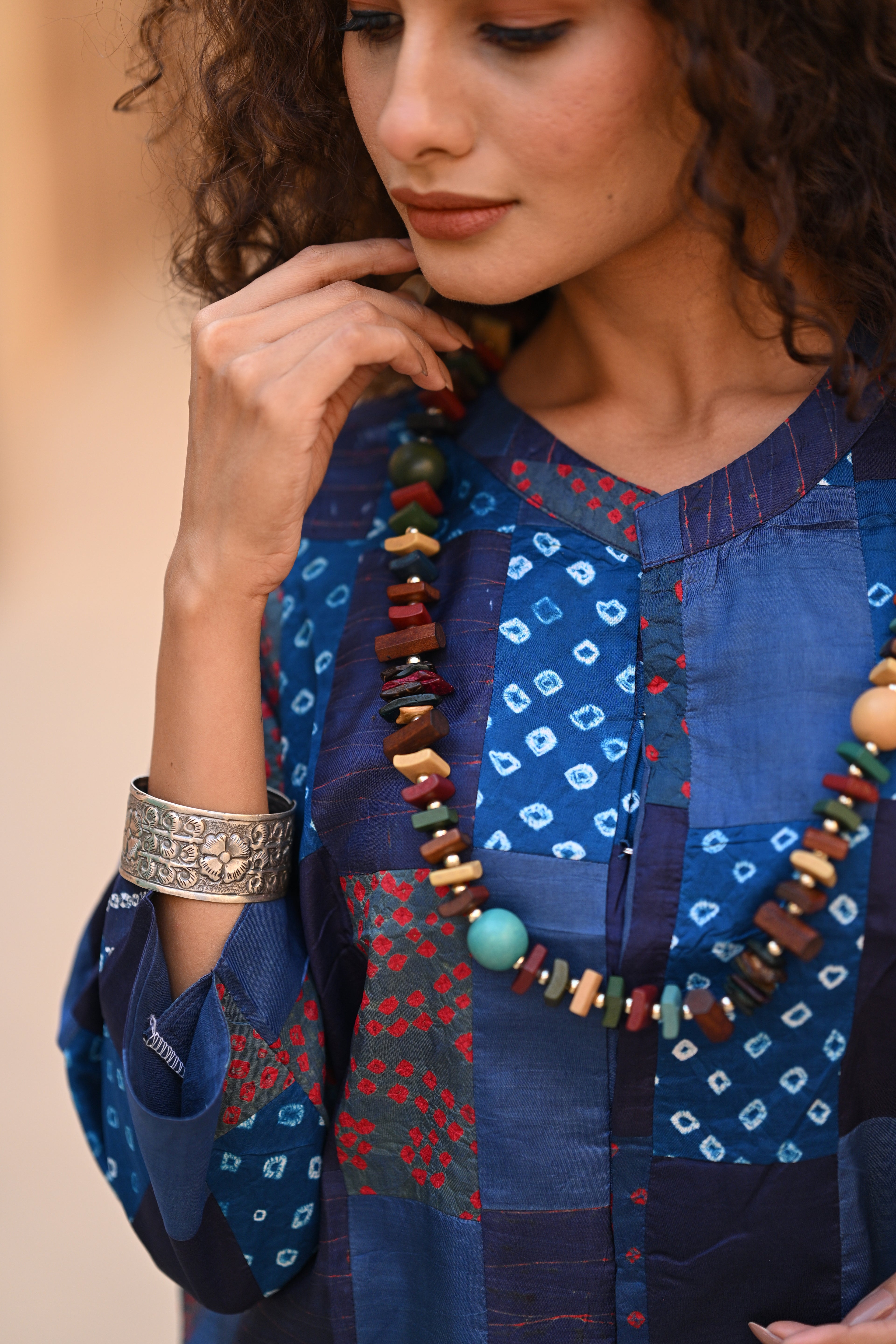 BLUE PATCHWORK SILK BLOUSE