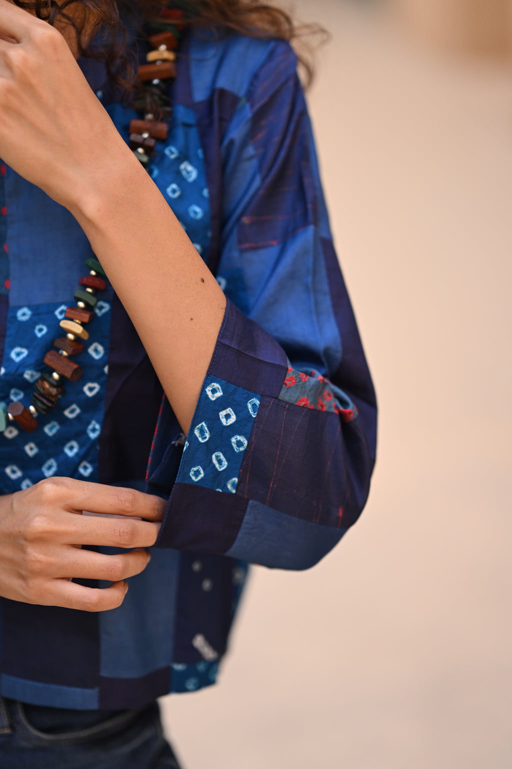BLUE PATCHWORK SILK BLOUSE