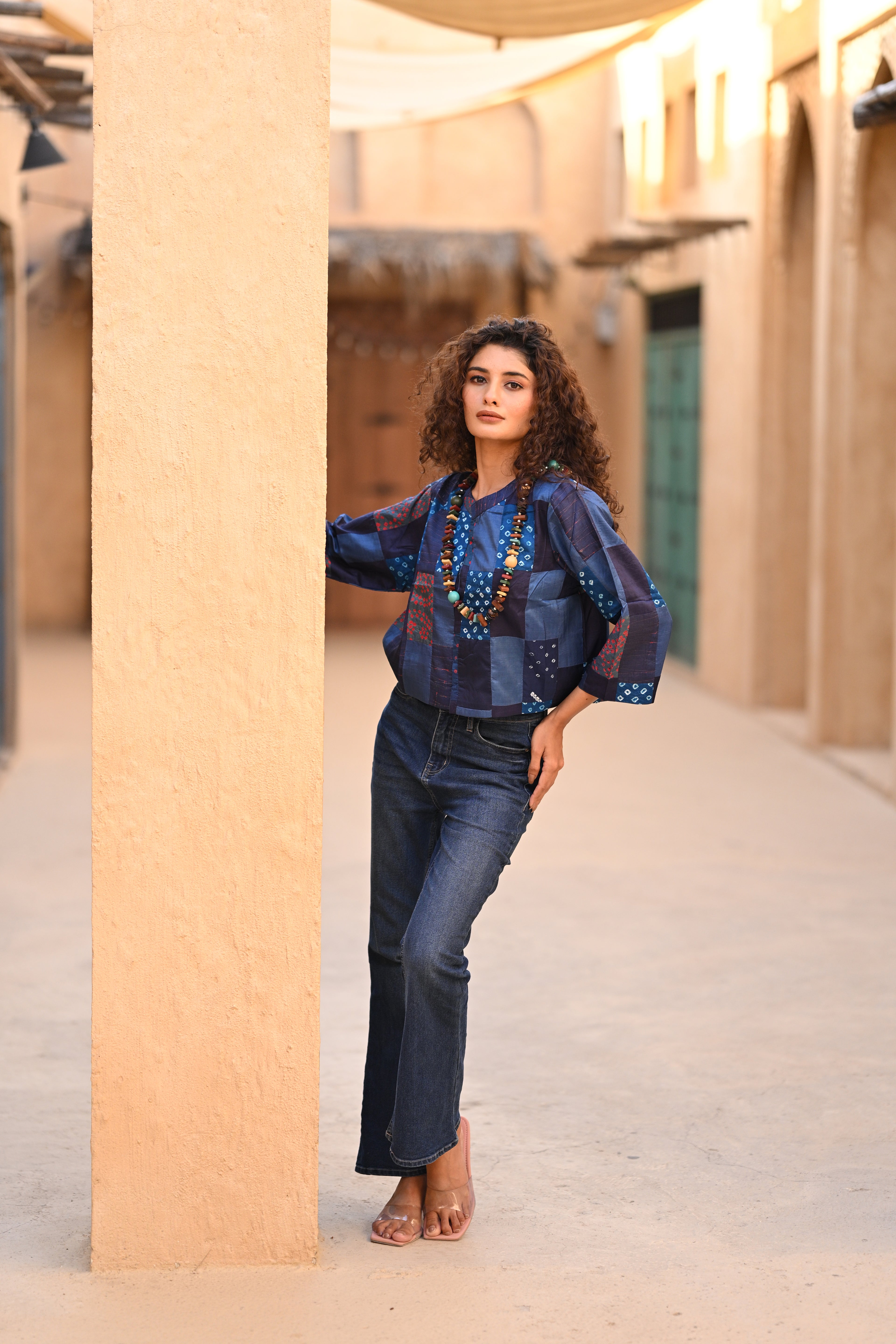 BLUE PATCHWORK SILK BLOUSE