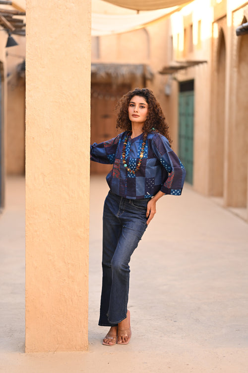 BLUE PATCHWORK SILK BLOUSE