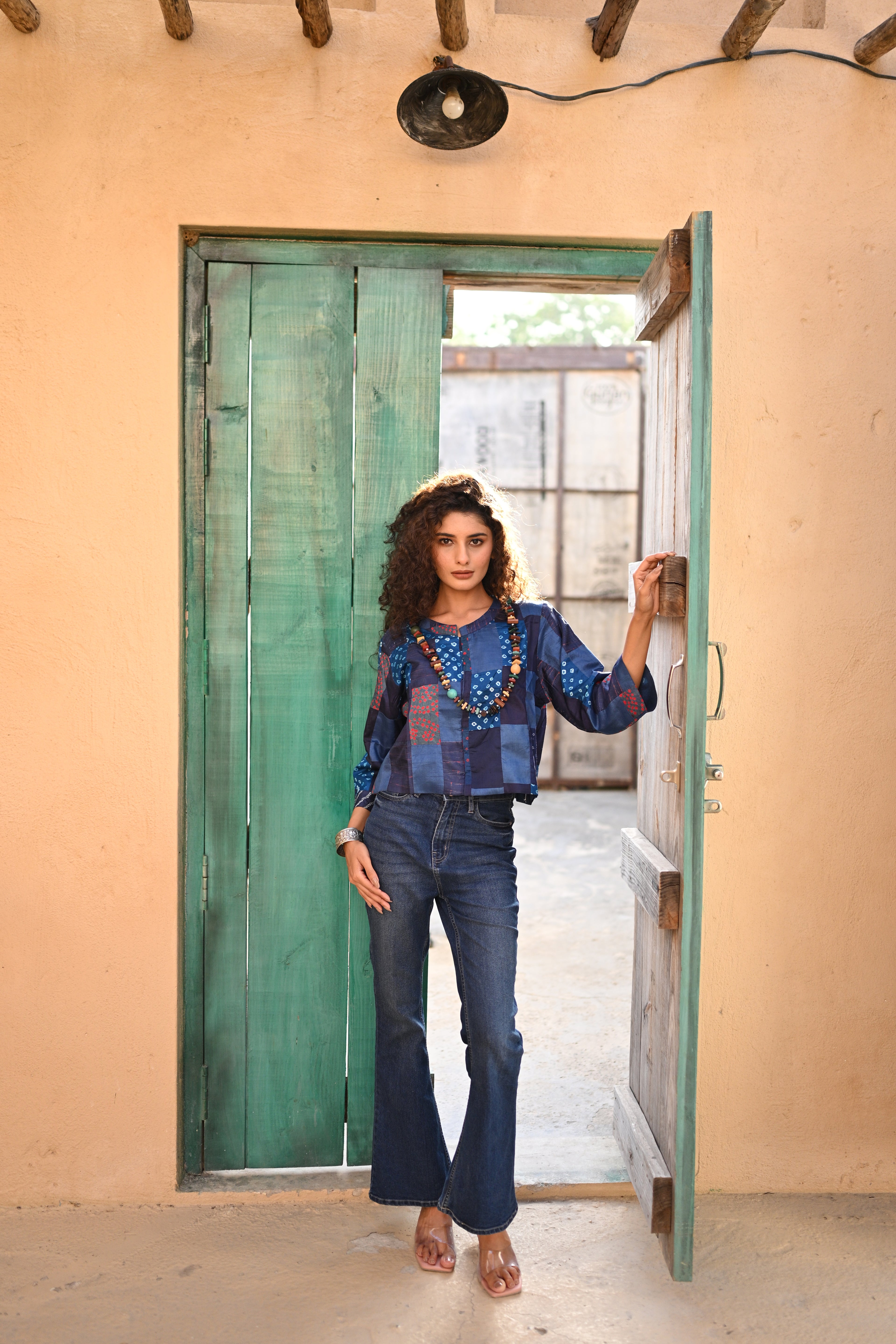 BLUE PATCHWORK SILK BLOUSE