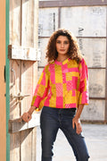 PINK-YELLOW PATCHWORK SILK BLOUSE