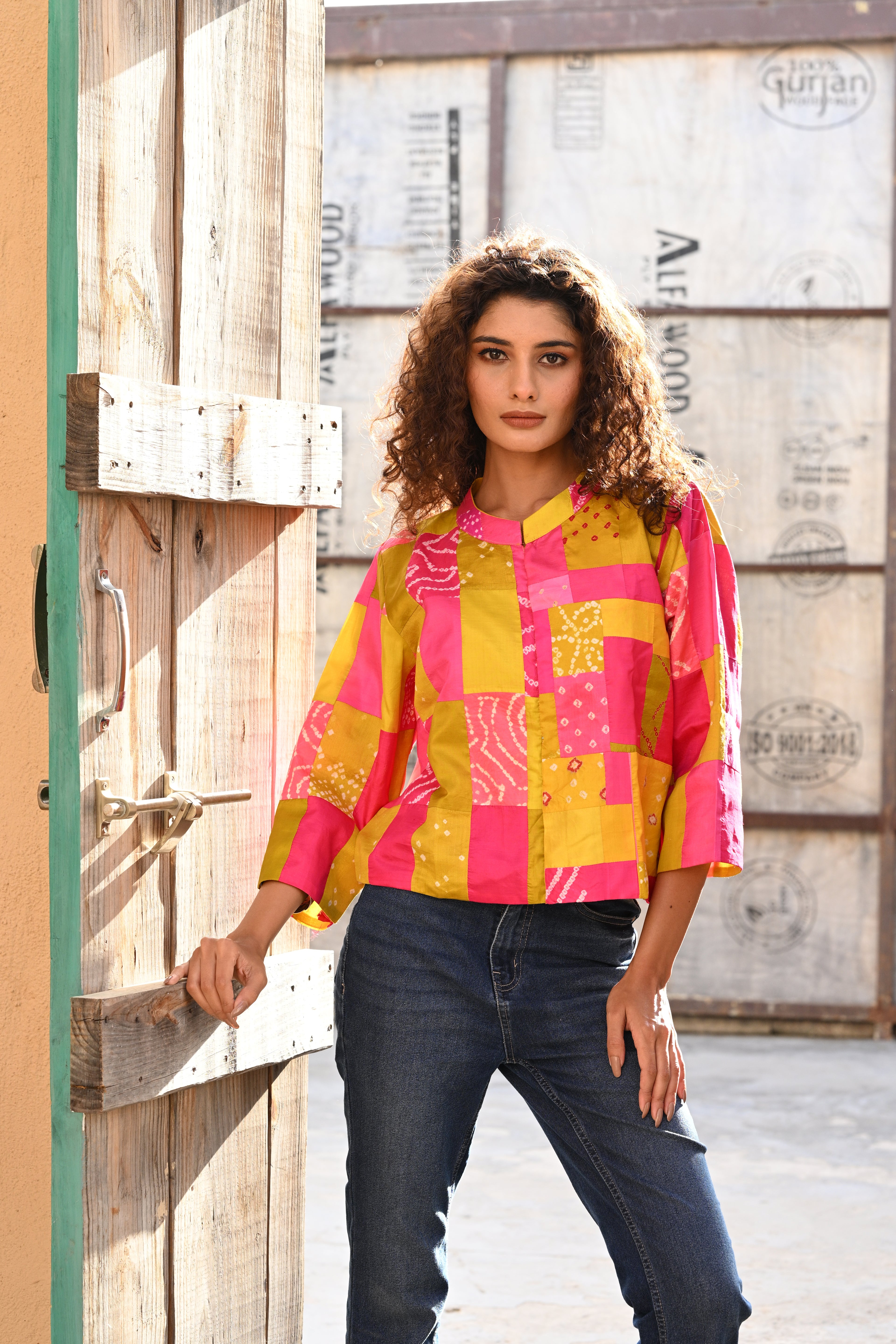 PINK-YELLOW PATCHWORK SILK BLOUSE