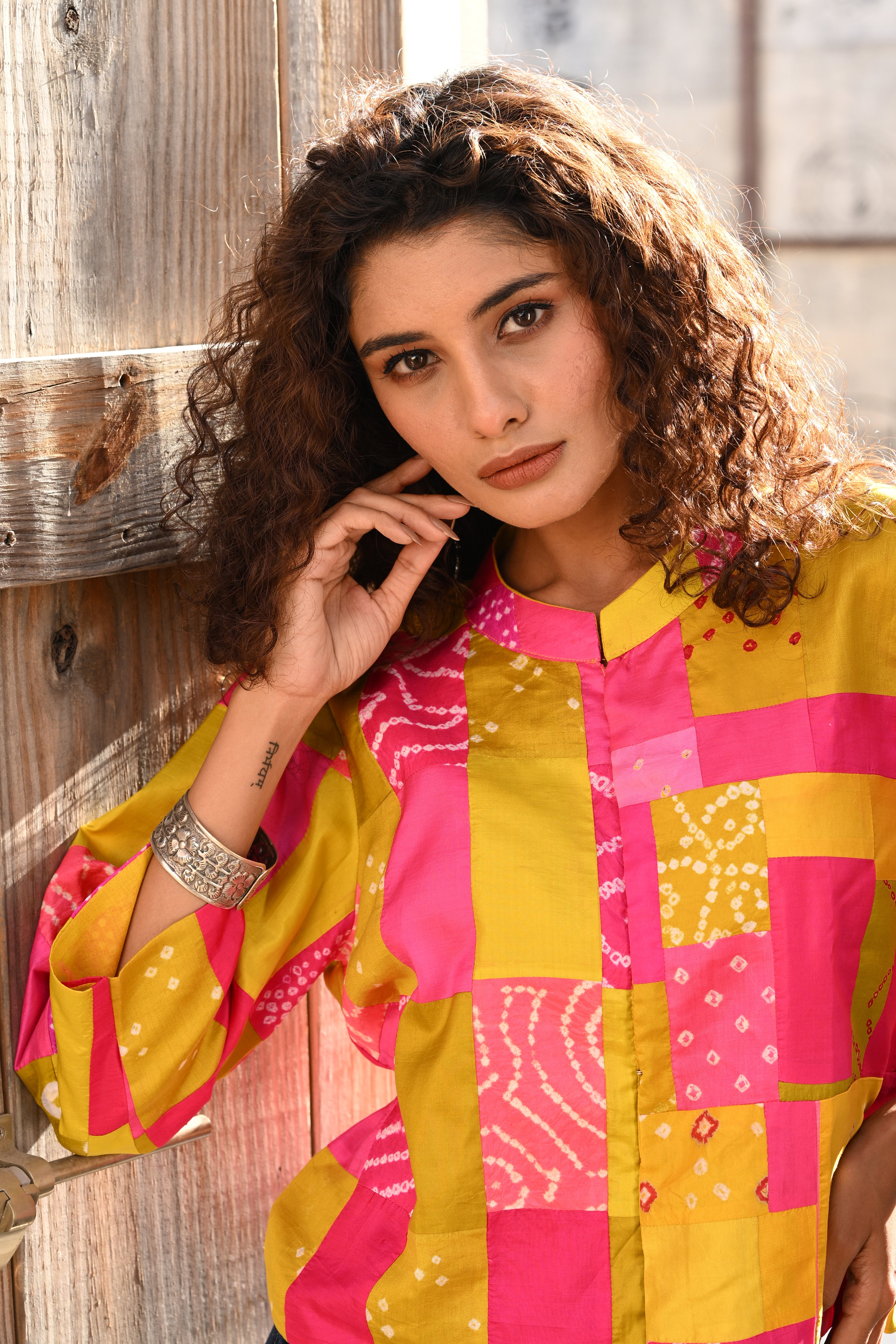 PINK-YELLOW PATCHWORK SILK BLOUSE