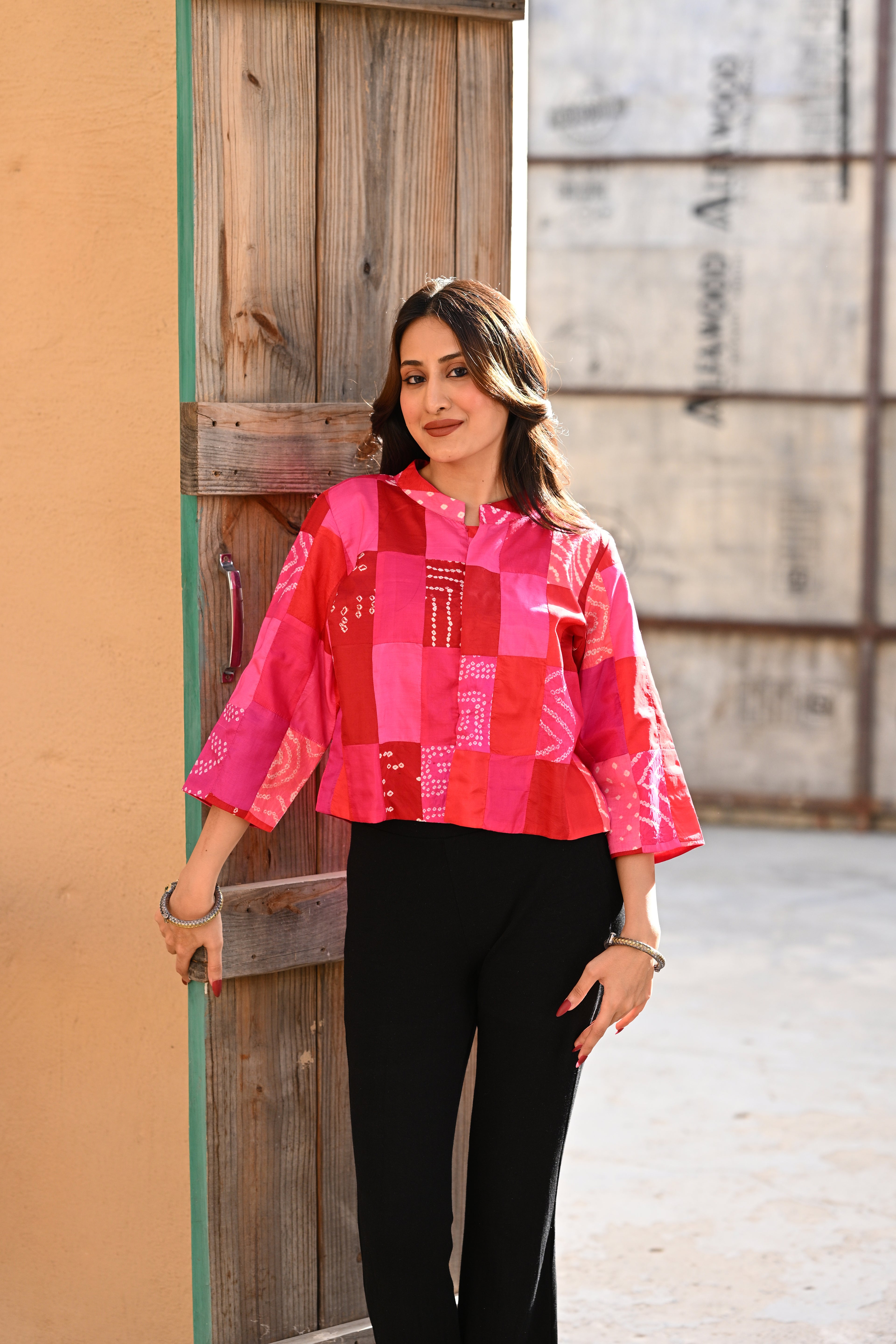 PINK-RED PATCHWORK SILK BLOUSE