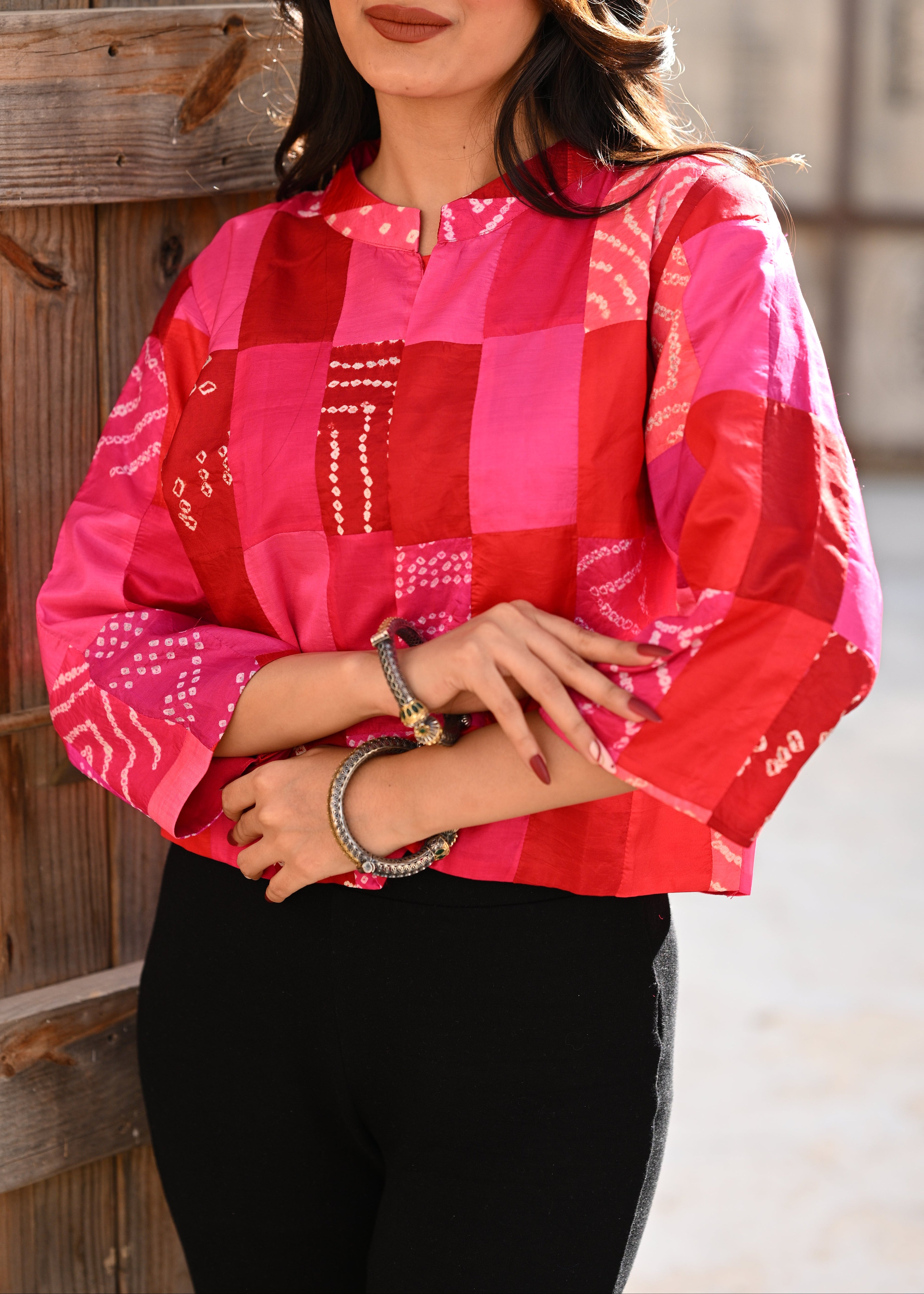 PINK-RED PATCHWORK SILK BLOUSE