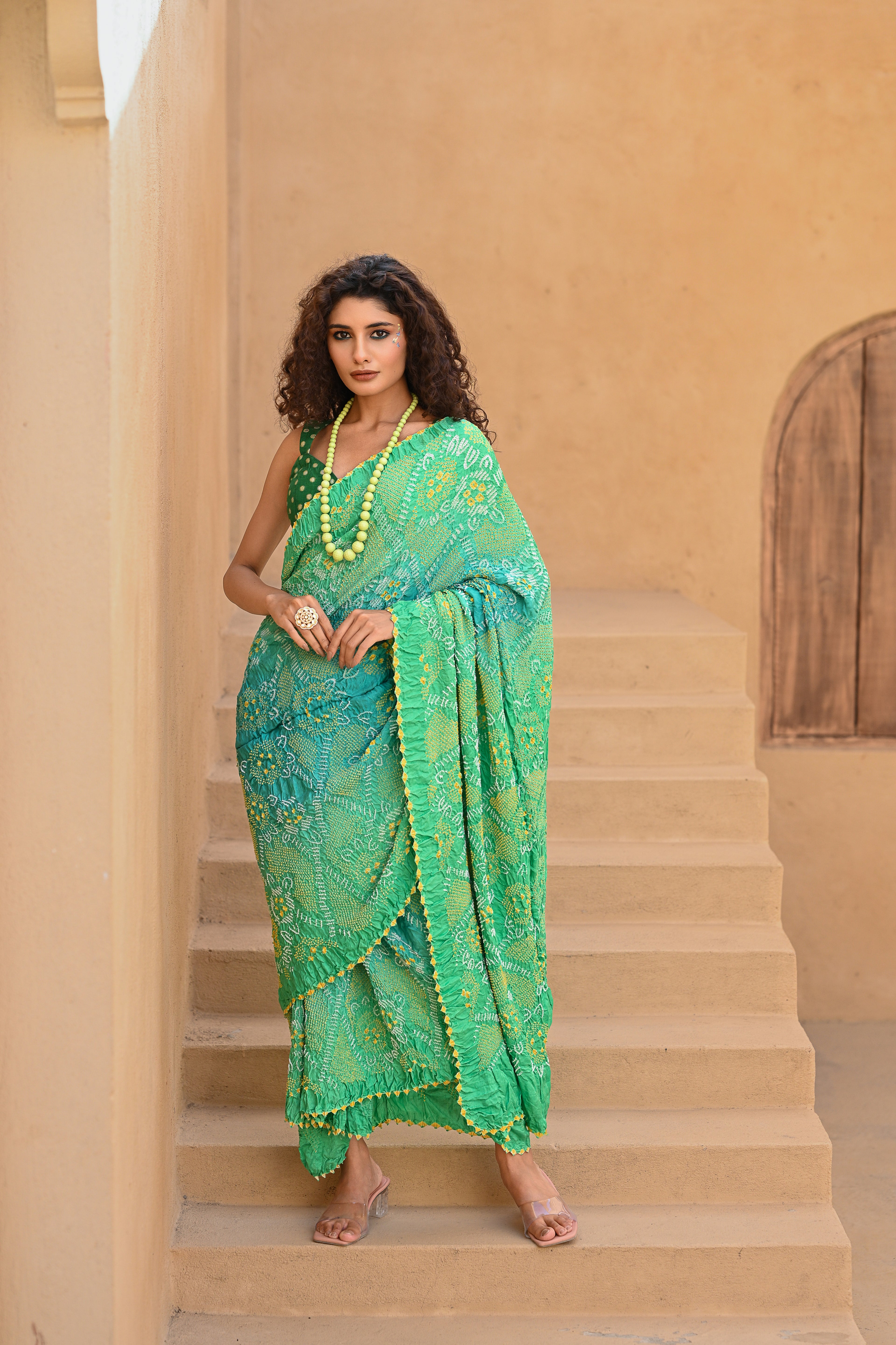 LIGHT BLUE - LIGHT GREEN JAPANESE FLORAL BANDHANI SAREE