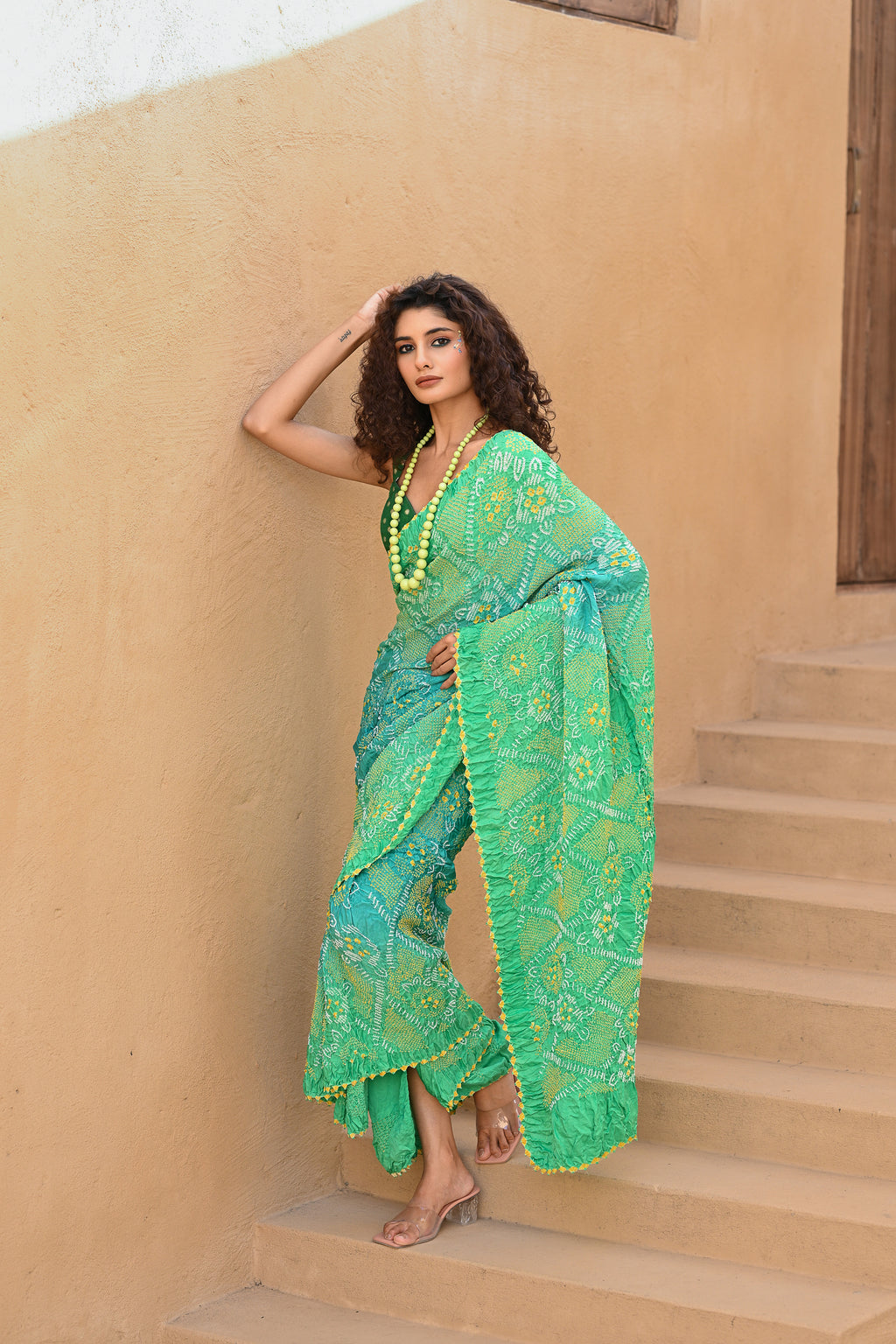 LIGHT BLUE - LIGHT GREEN JAPANESE FLORAL BANDHANI SAREE