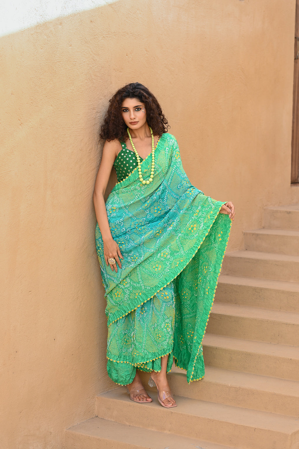 LIGHT BLUE - LIGHT GREEN JAPANESE FLORAL BANDHANI SAREE