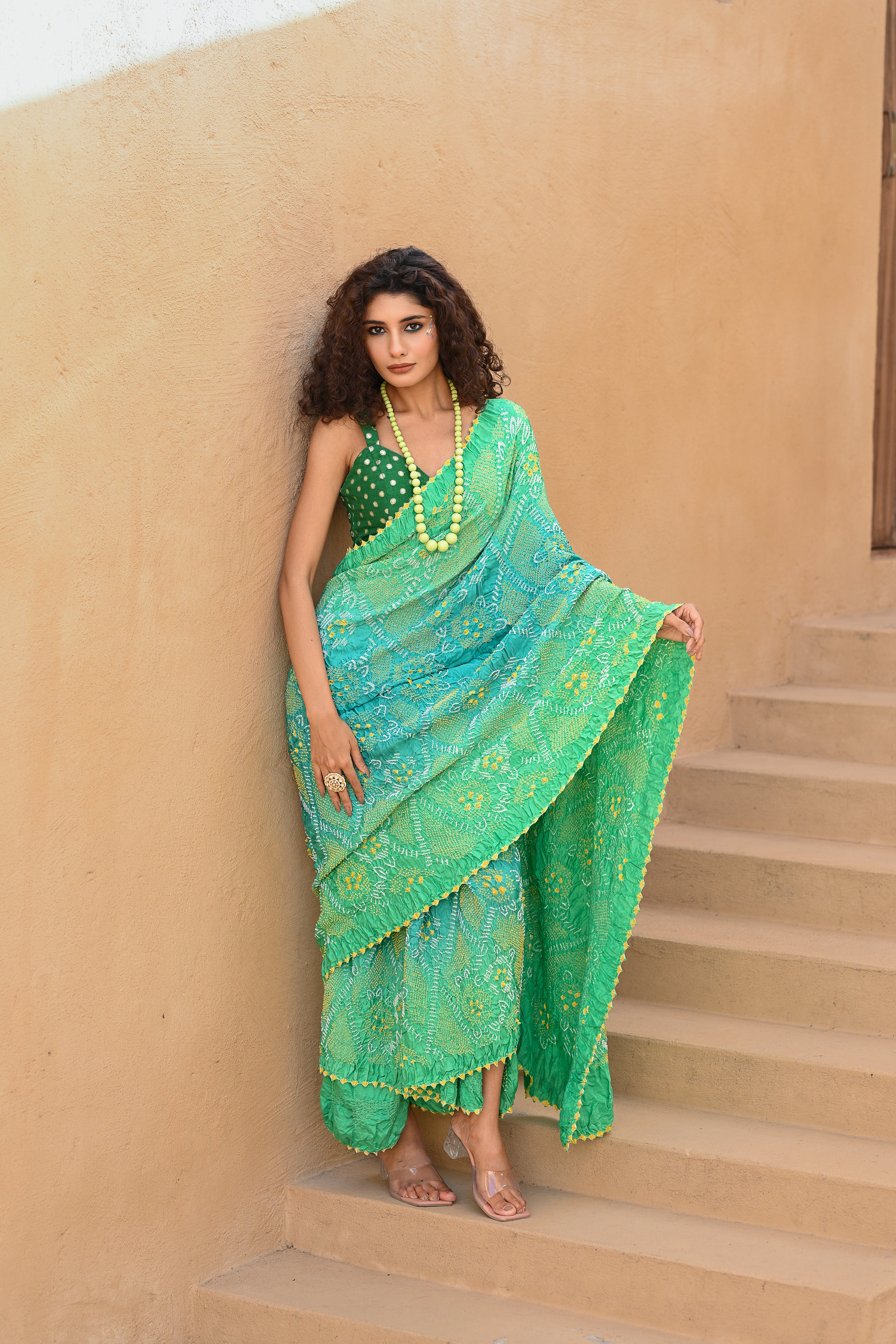 LIGHT BLUE - LIGHT GREEN JAPANESE FLORAL BANDHANI SAREE