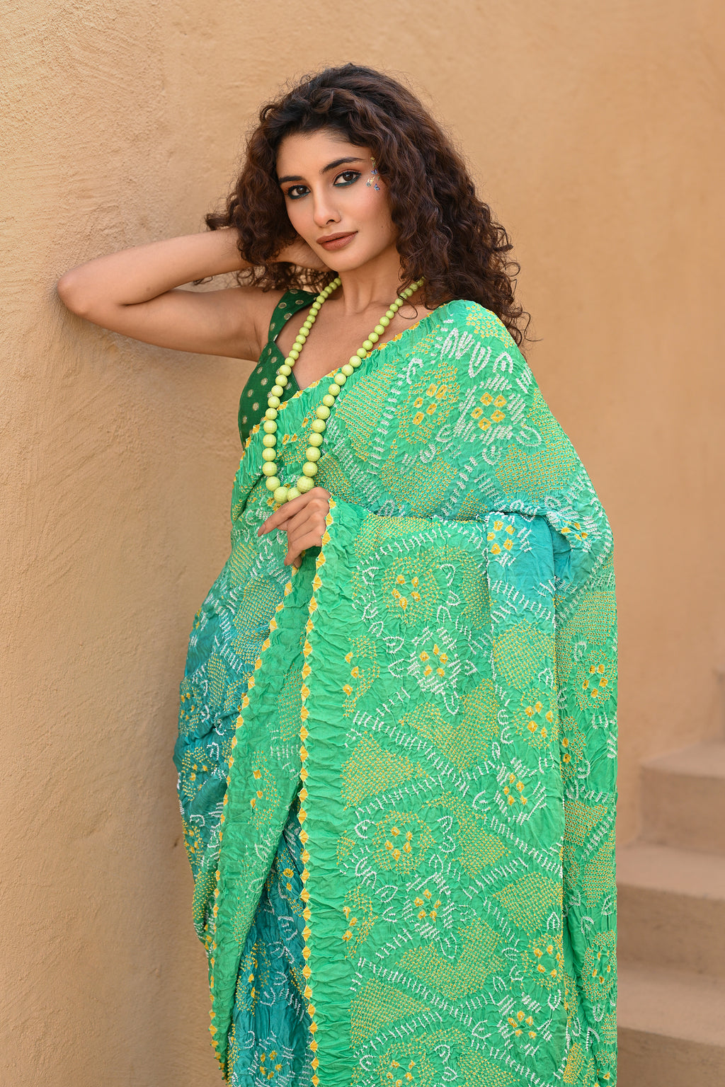 LIGHT BLUE - LIGHT GREEN JAPANESE FLORAL BANDHANI SAREE
