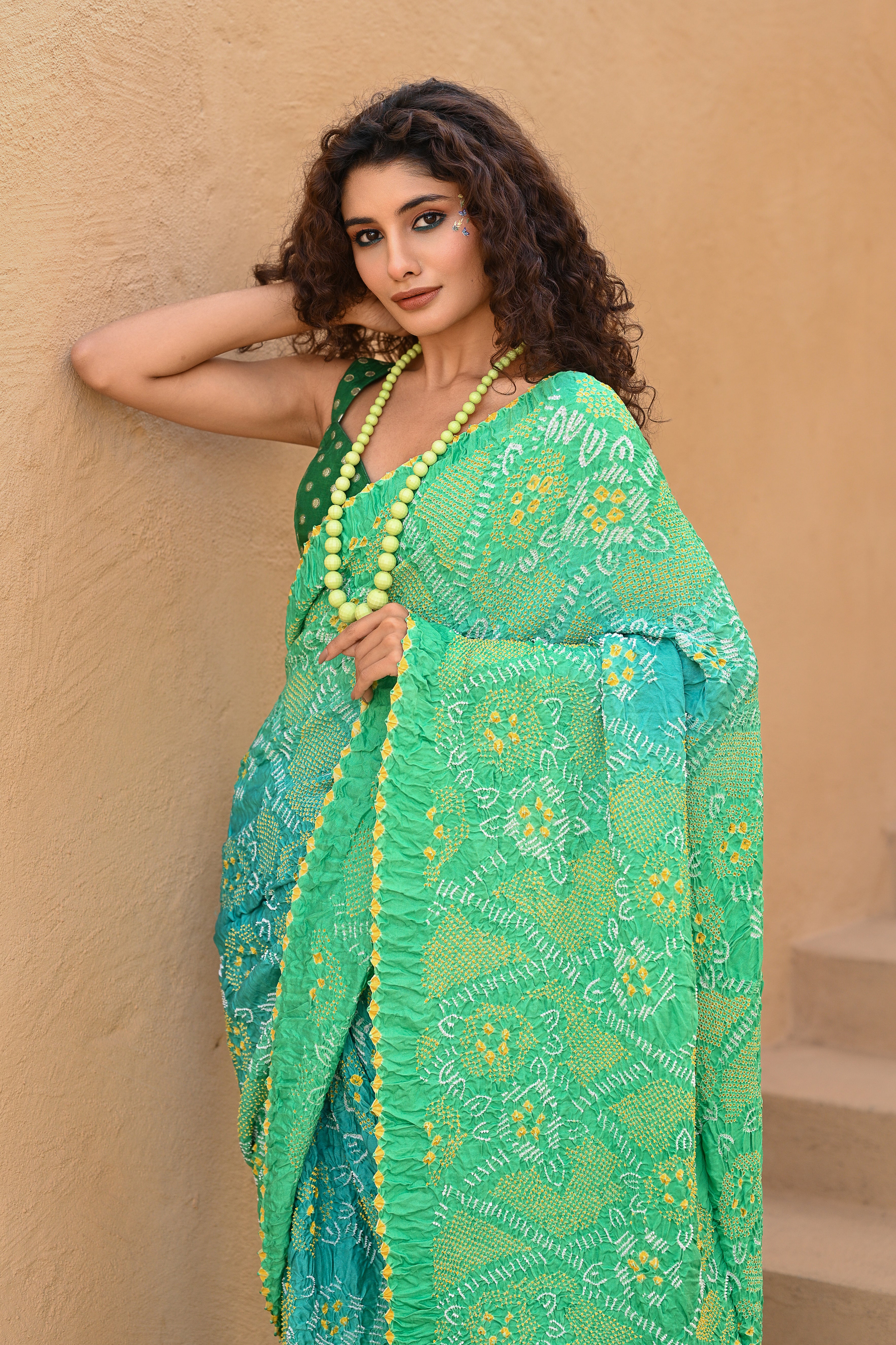 LIGHT BLUE - LIGHT GREEN JAPANESE FLORAL BANDHANI SAREE