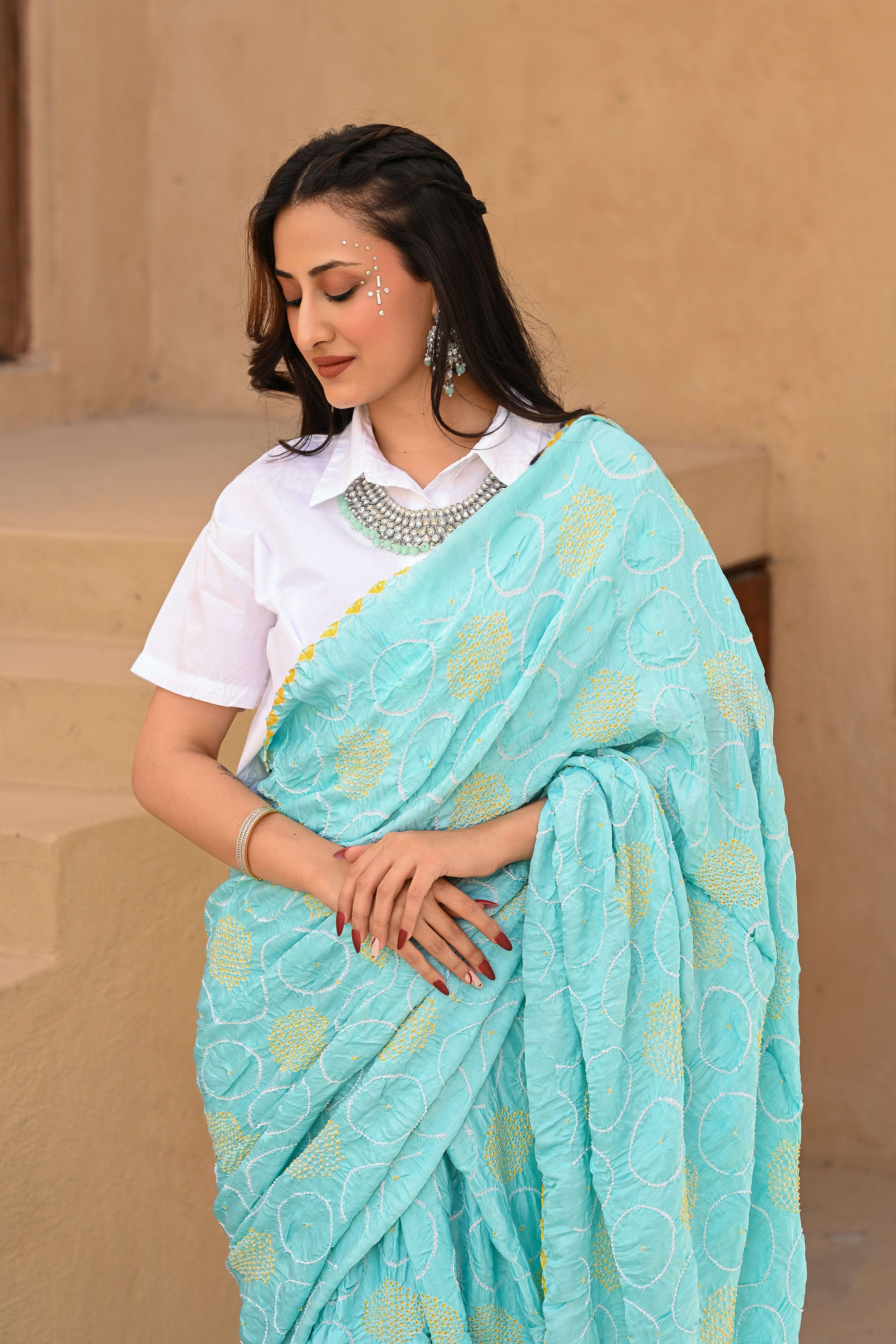 LIGHT BLUE CIRCLE OF THE LIFE BANDHANI SAREE