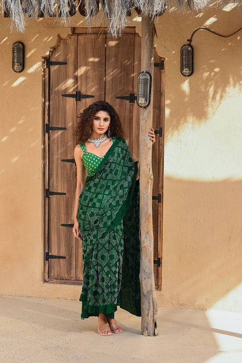 GREEN NEW DIAMOND SILK BANDHANI SAREE