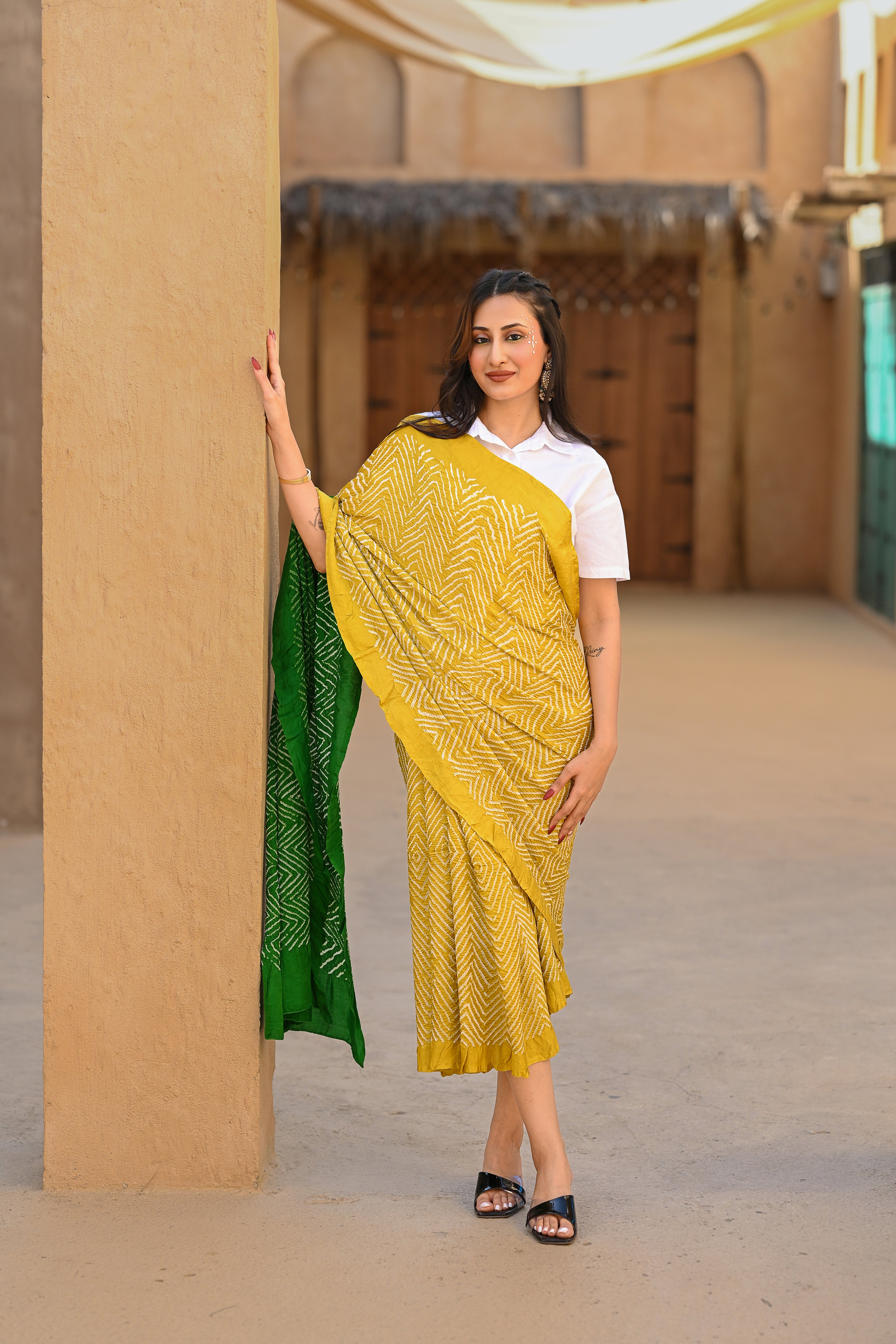 YELLOW - GREEN CHEVRON BANDHANI SILK SAREE