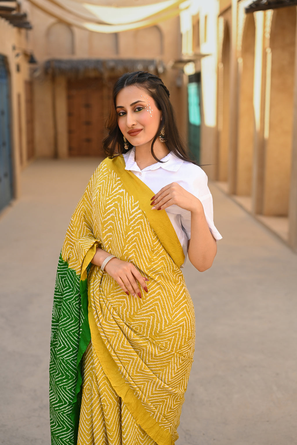 YELLOW - GREEN CHEVRON BANDHANI SILK SAREE