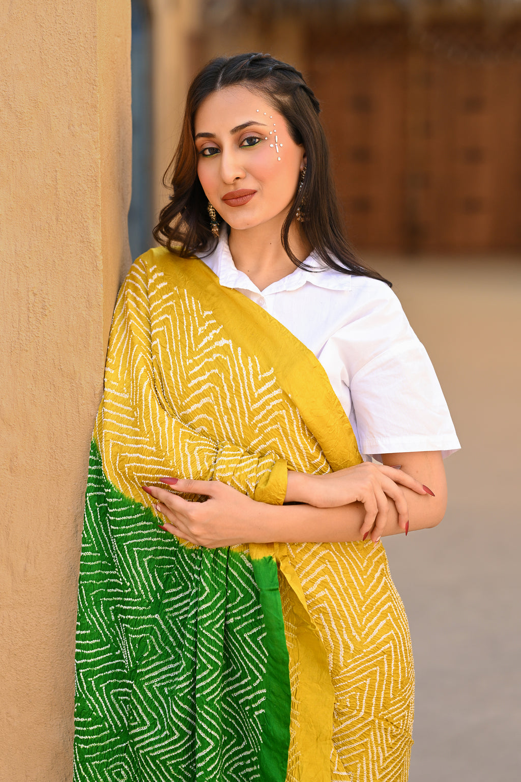YELLOW - GREEN CHEVRON BANDHANI SILK SAREE