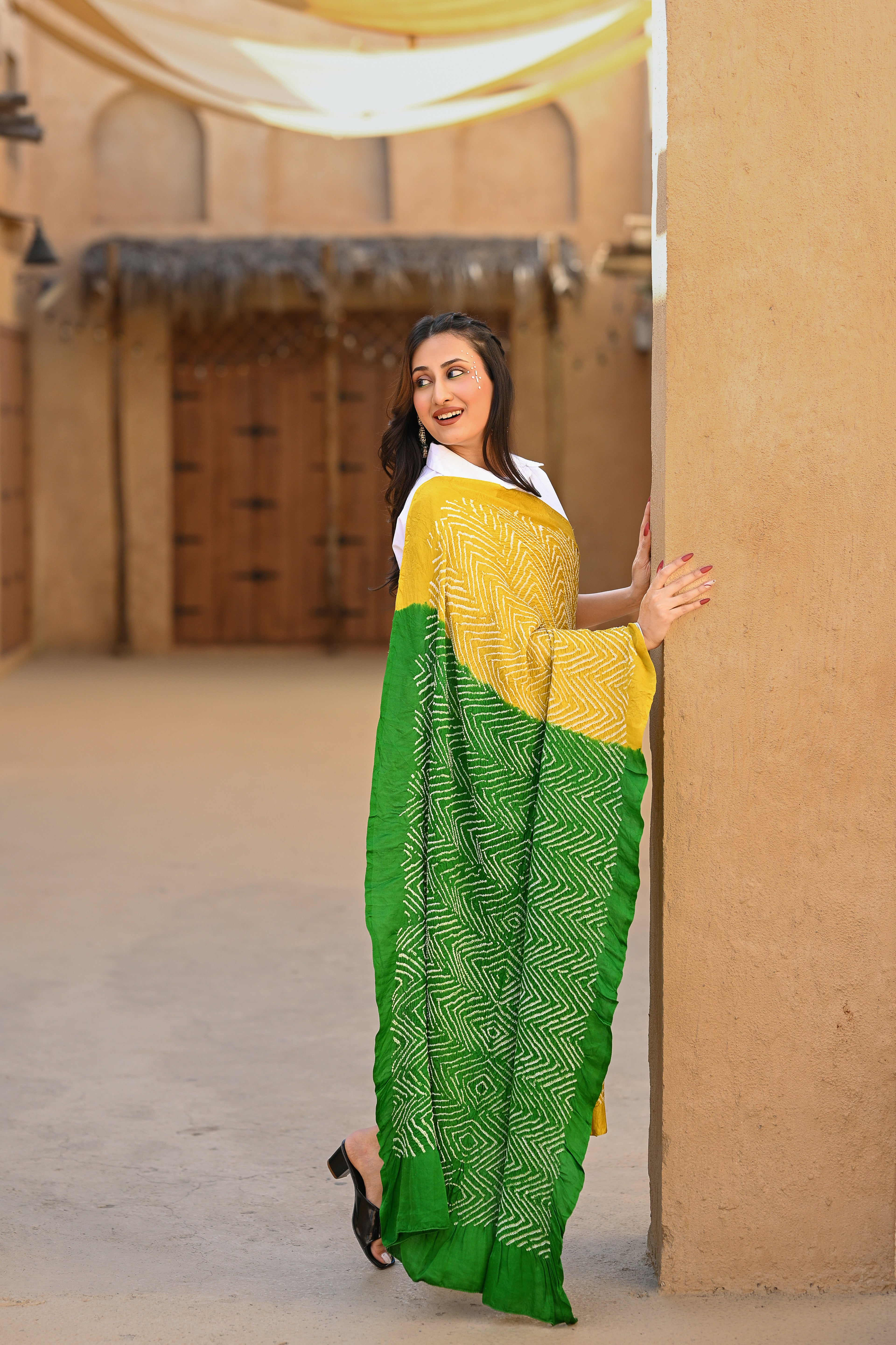 YELLOW - GREEN CHEVRON BANDHANI SILK SAREE
