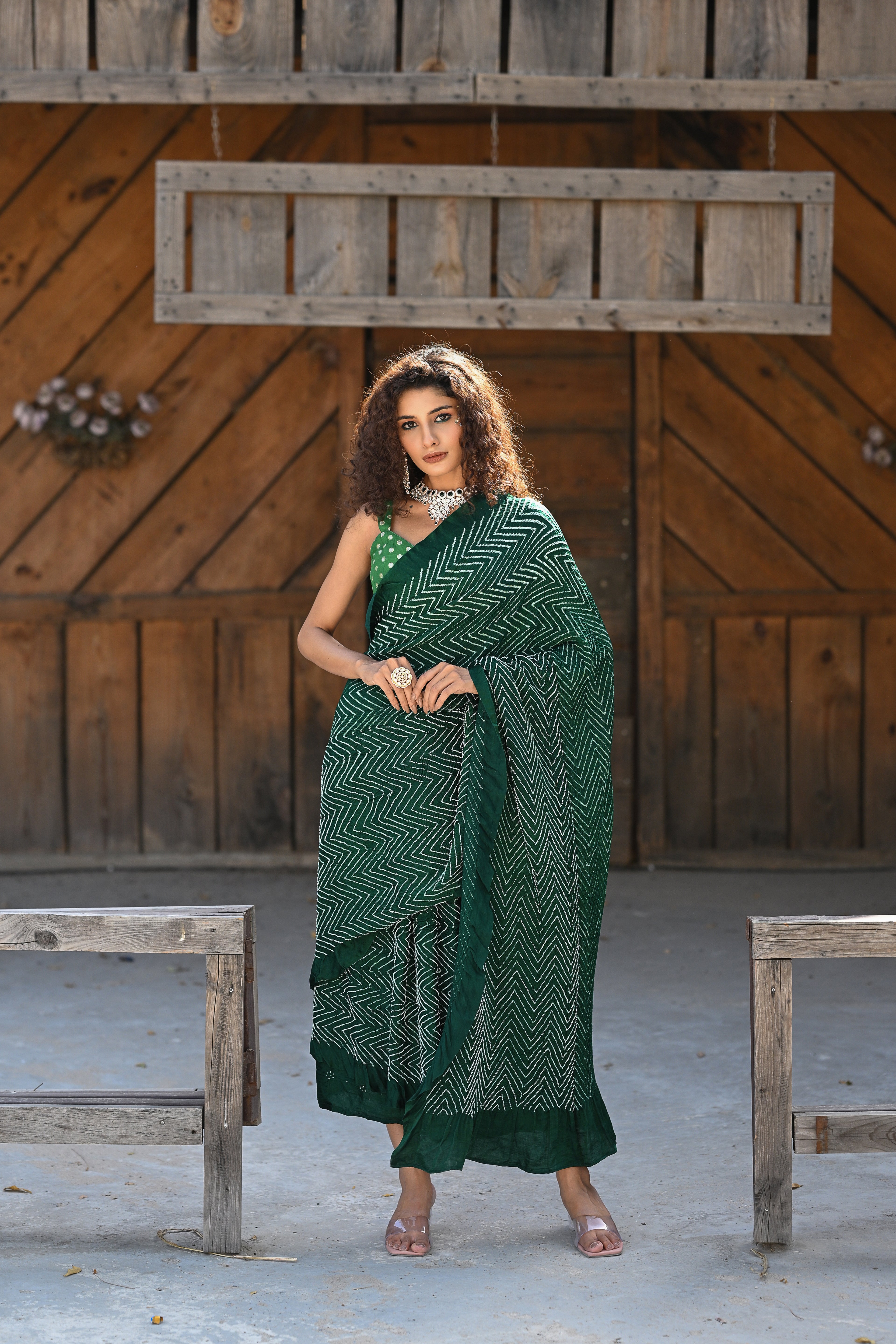 GREEN CHEVRON SILK BANDHANI SAREE