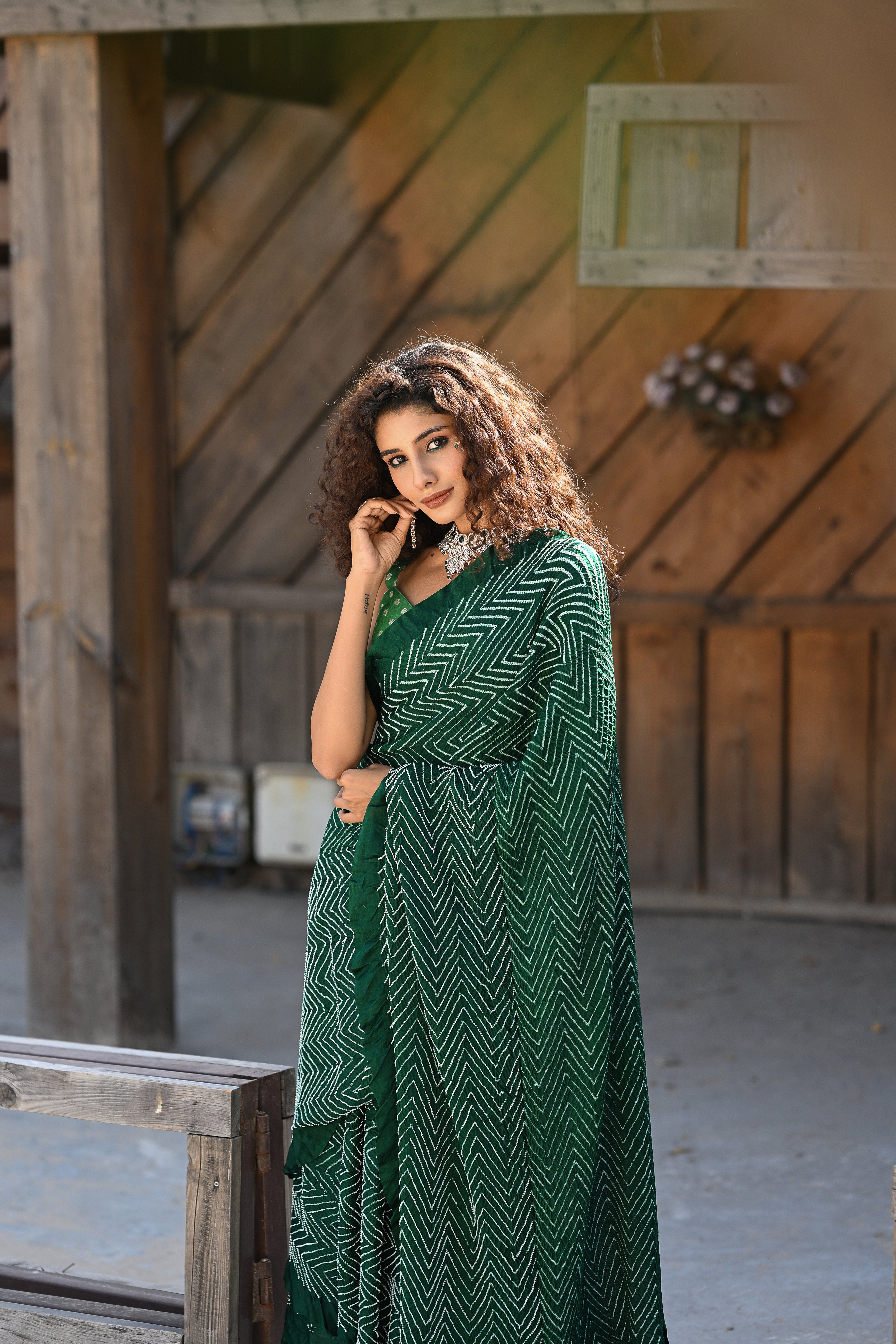 GREEN CHEVRON SILK BANDHANI SAREE