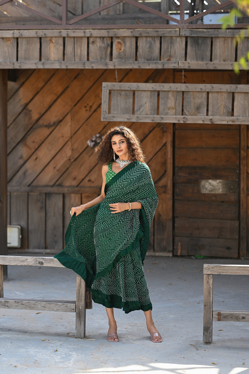 GREEN CHEVRON SILK BANDHANI SAREE