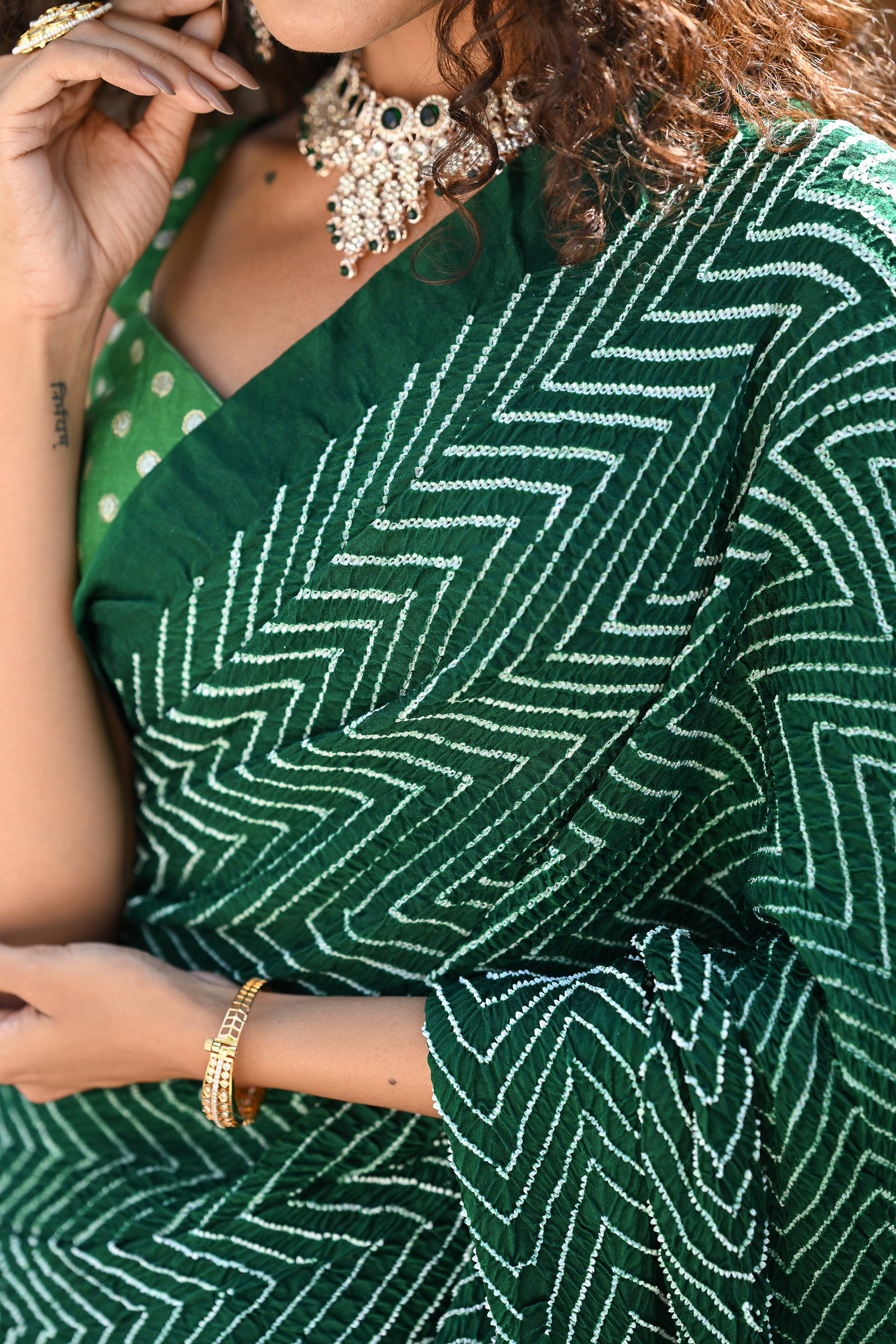 GREEN CHEVRON SILK BANDHANI SAREE