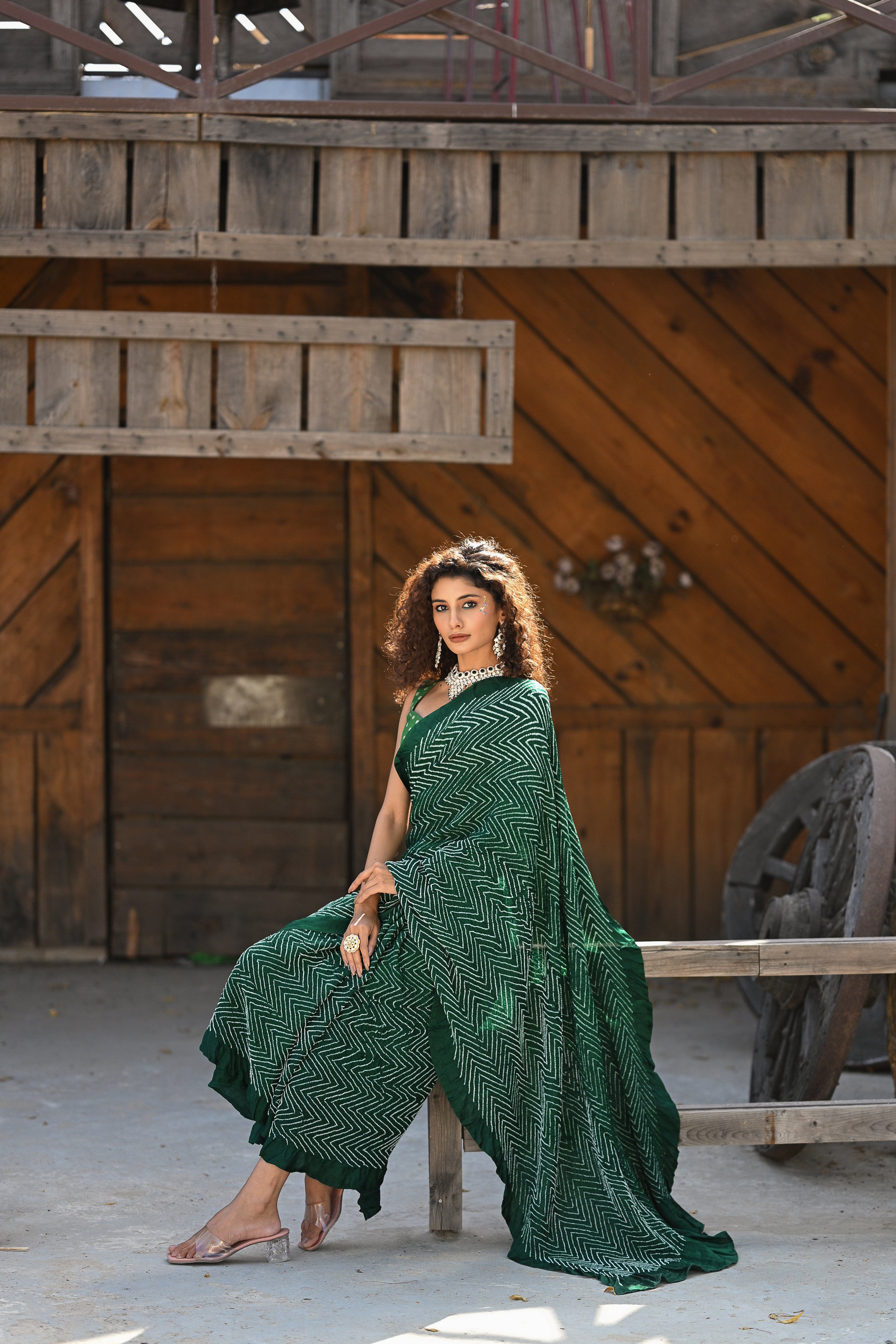 GREEN CHEVRON SILK BANDHANI SAREE