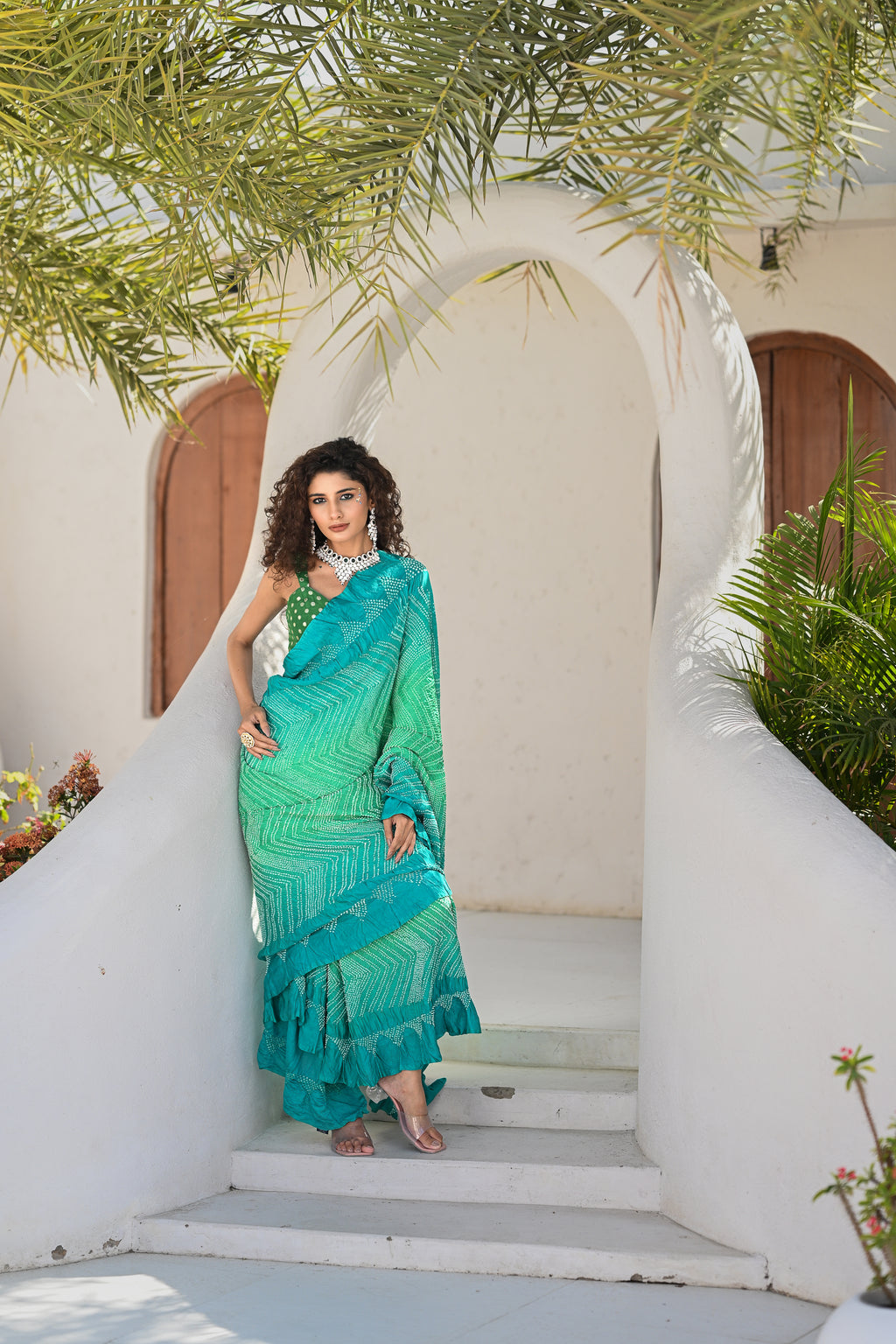 LIGHT BLUE - LIGHT GREEN CHEVRON SILK BANDHANI SAREE