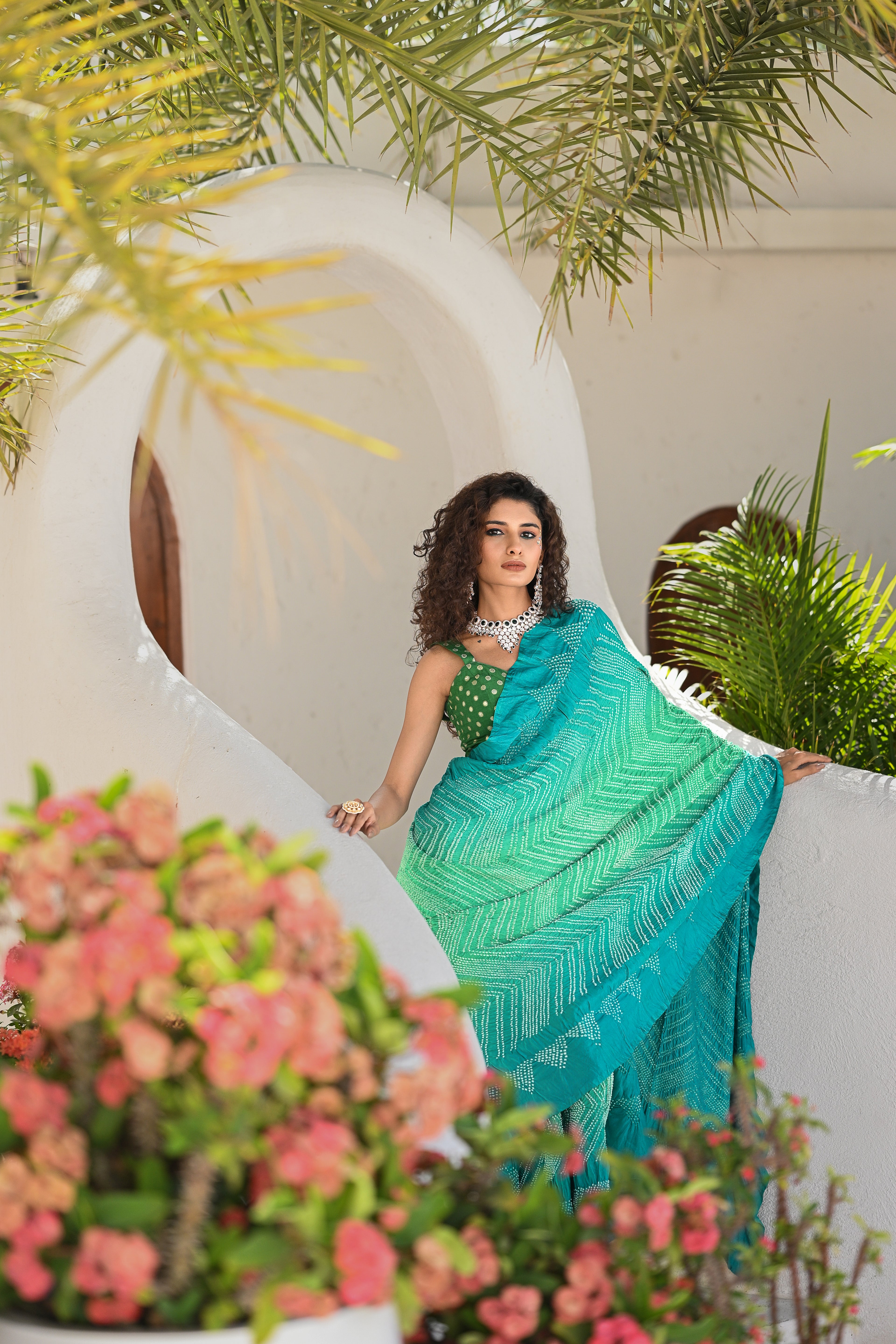 LIGHT BLUE - LIGHT GREEN CHEVRON SILK BANDHANI SAREE
