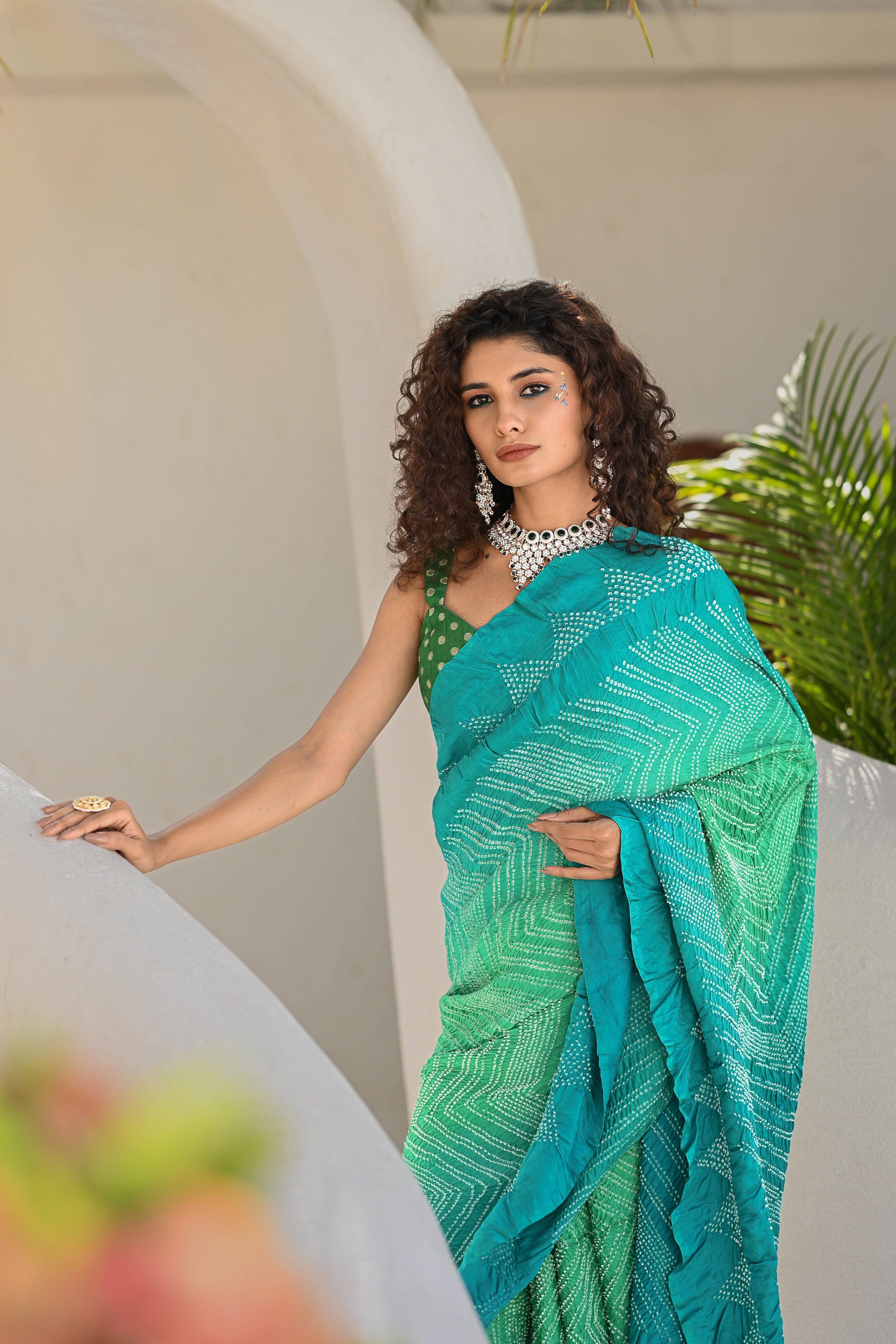 LIGHT BLUE - LIGHT GREEN CHEVRON SILK BANDHANI SAREE