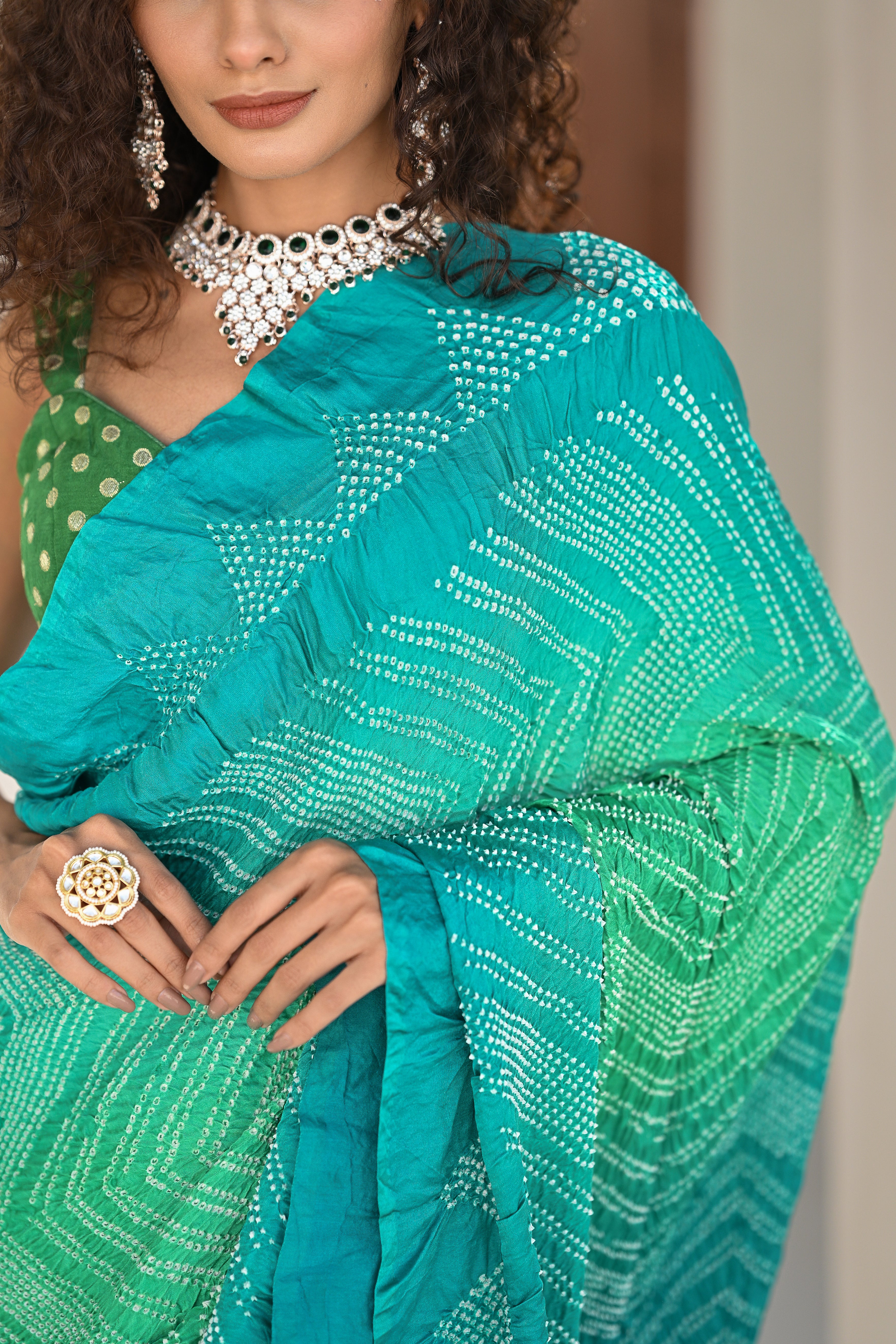 LIGHT BLUE - LIGHT GREEN CHEVRON SILK BANDHANI SAREE