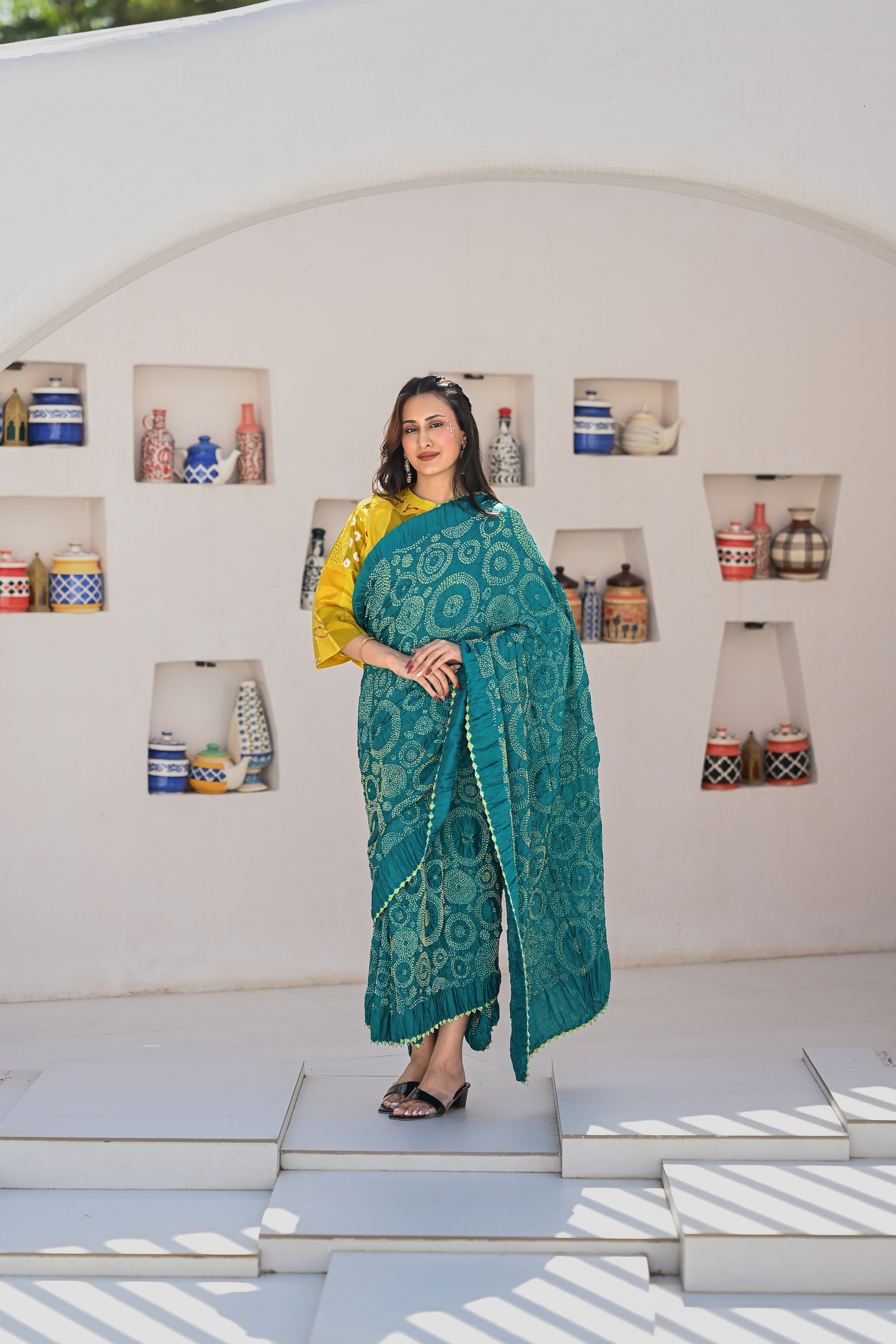 TEAL BLUE CIRCLE OF THE LIFE SILK BANDHANI SAREE