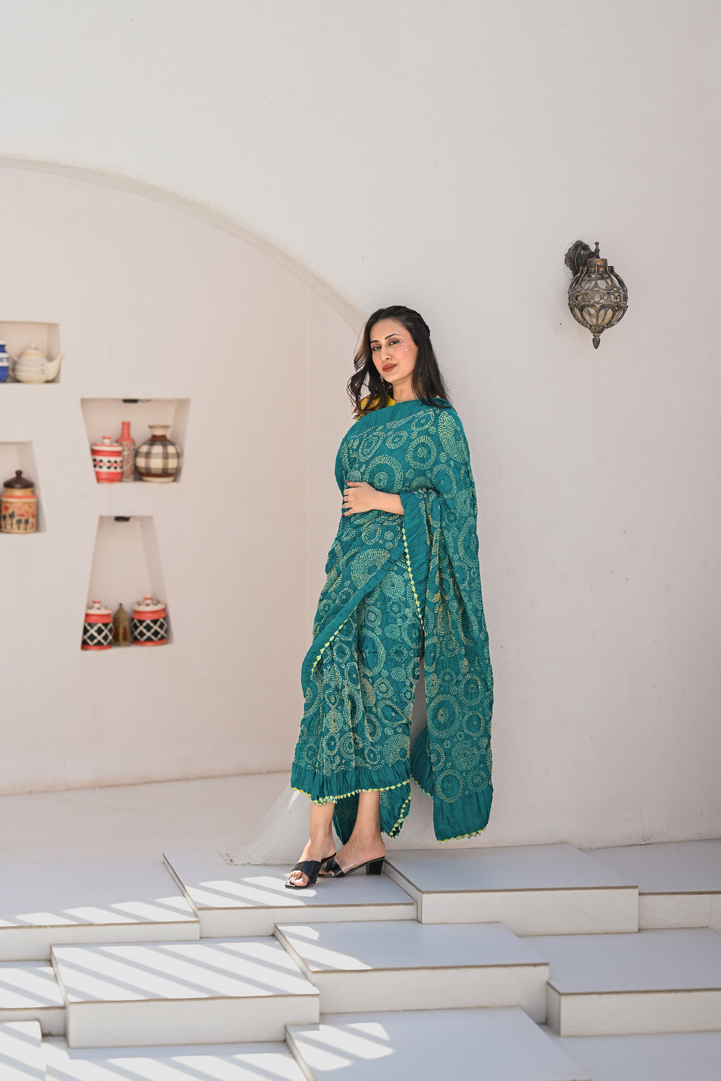 TEAL BLUE CIRCLE OF THE LIFE SILK BANDHANI SAREE