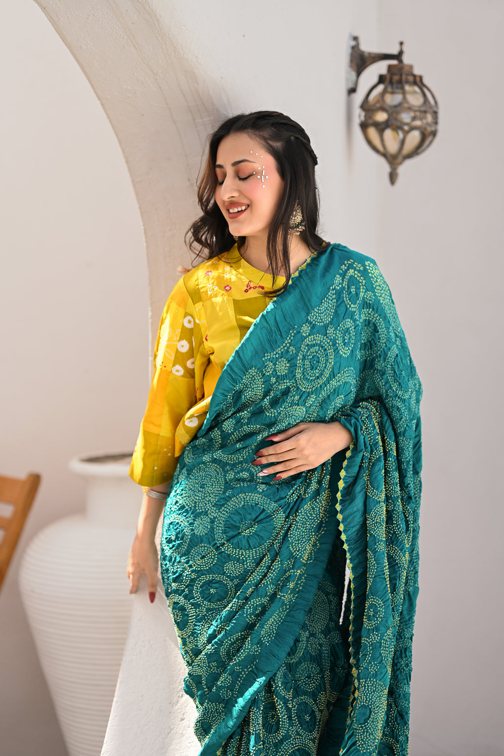 TEAL BLUE CIRCLE OF THE LIFE SILK BANDHANI SAREE