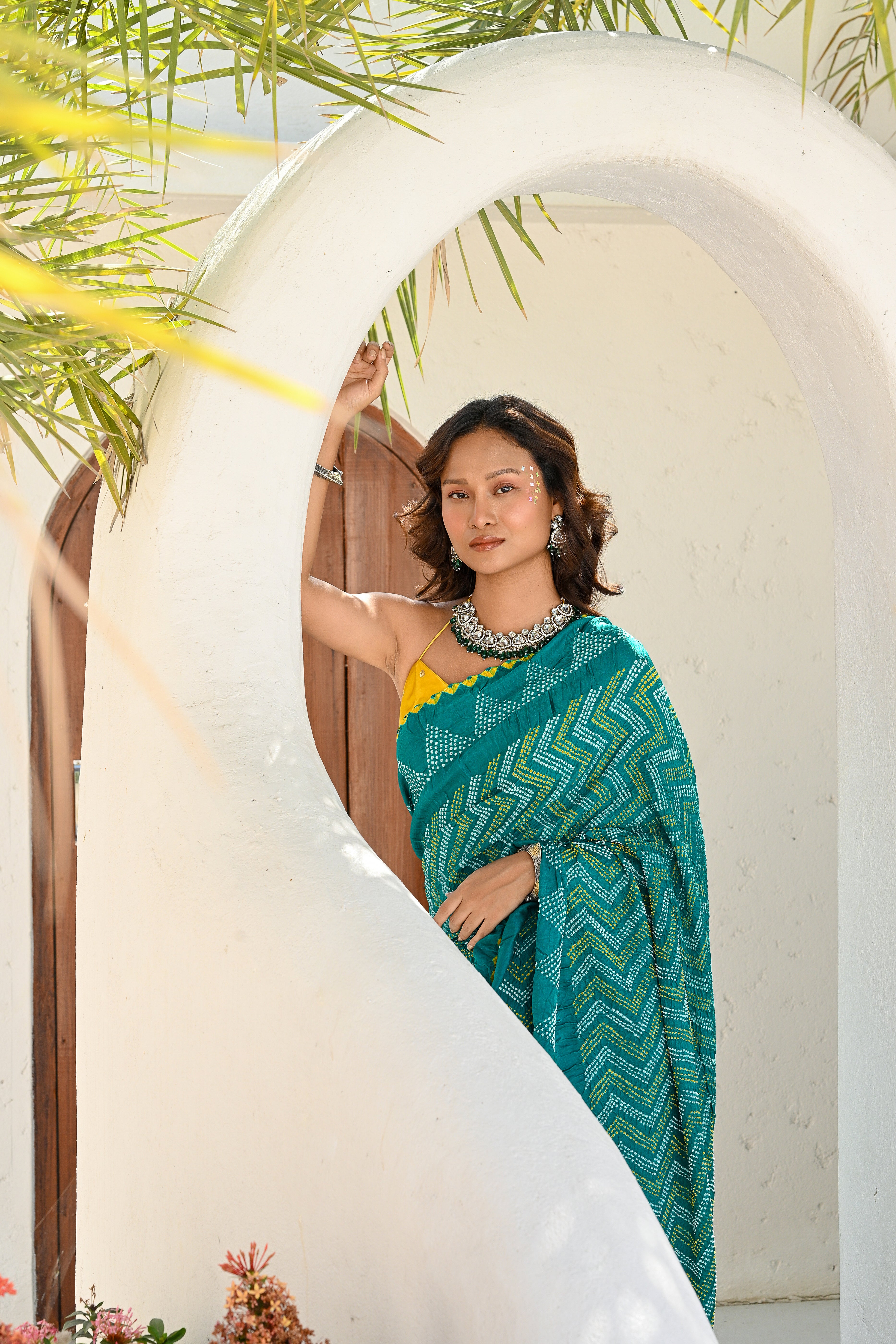 BLUE CHEVRON SILK BANDHANI SAREE