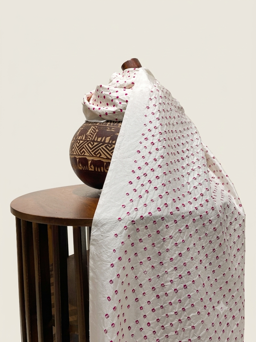 WHITE ALL OVER DOT SILK BANDHANI FABRIC