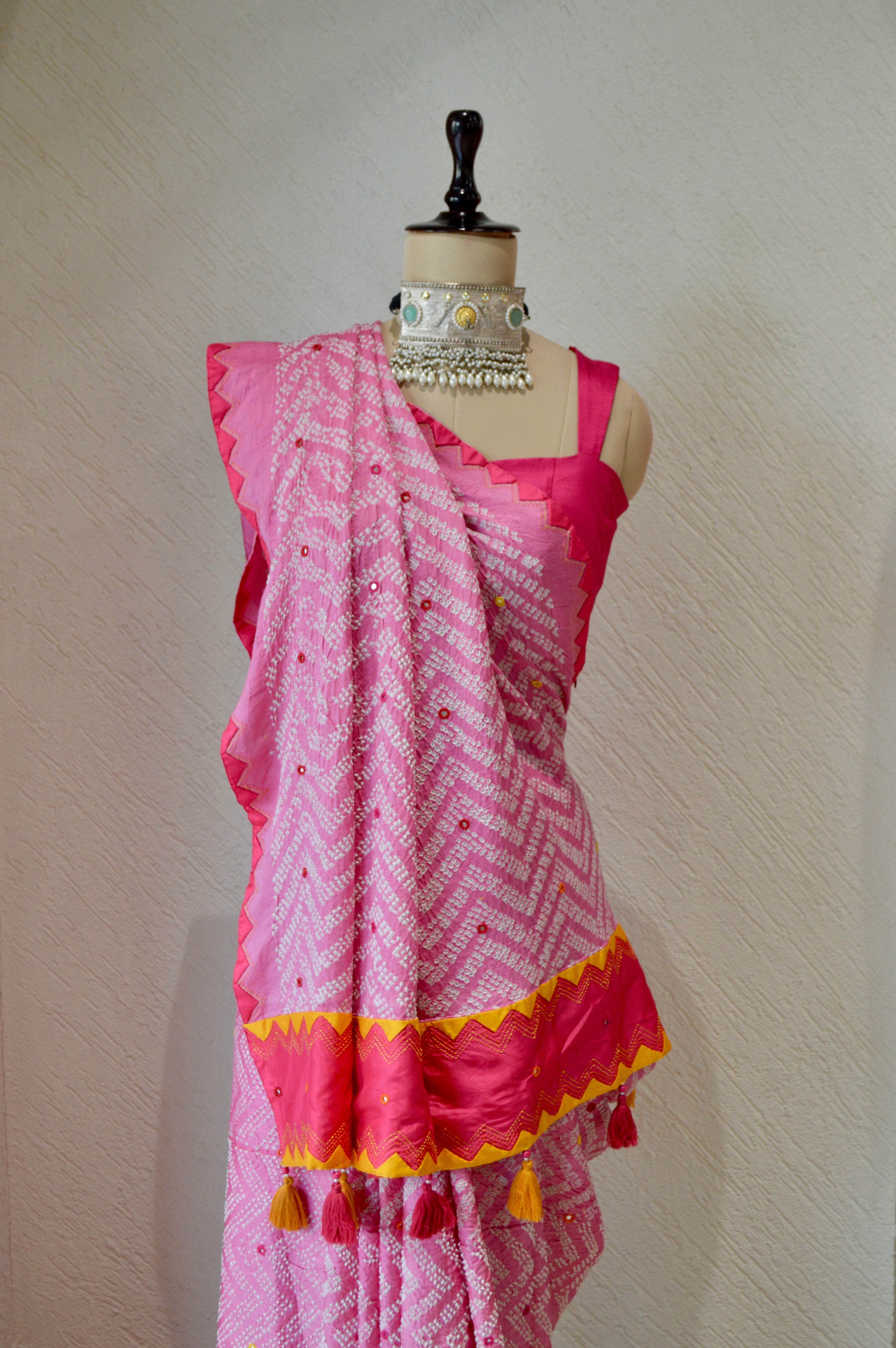 PINK CHEVRON SILK BANDHANI EMBROIDERED SAREE WITH MIRROR WORK AND APPLIQUE