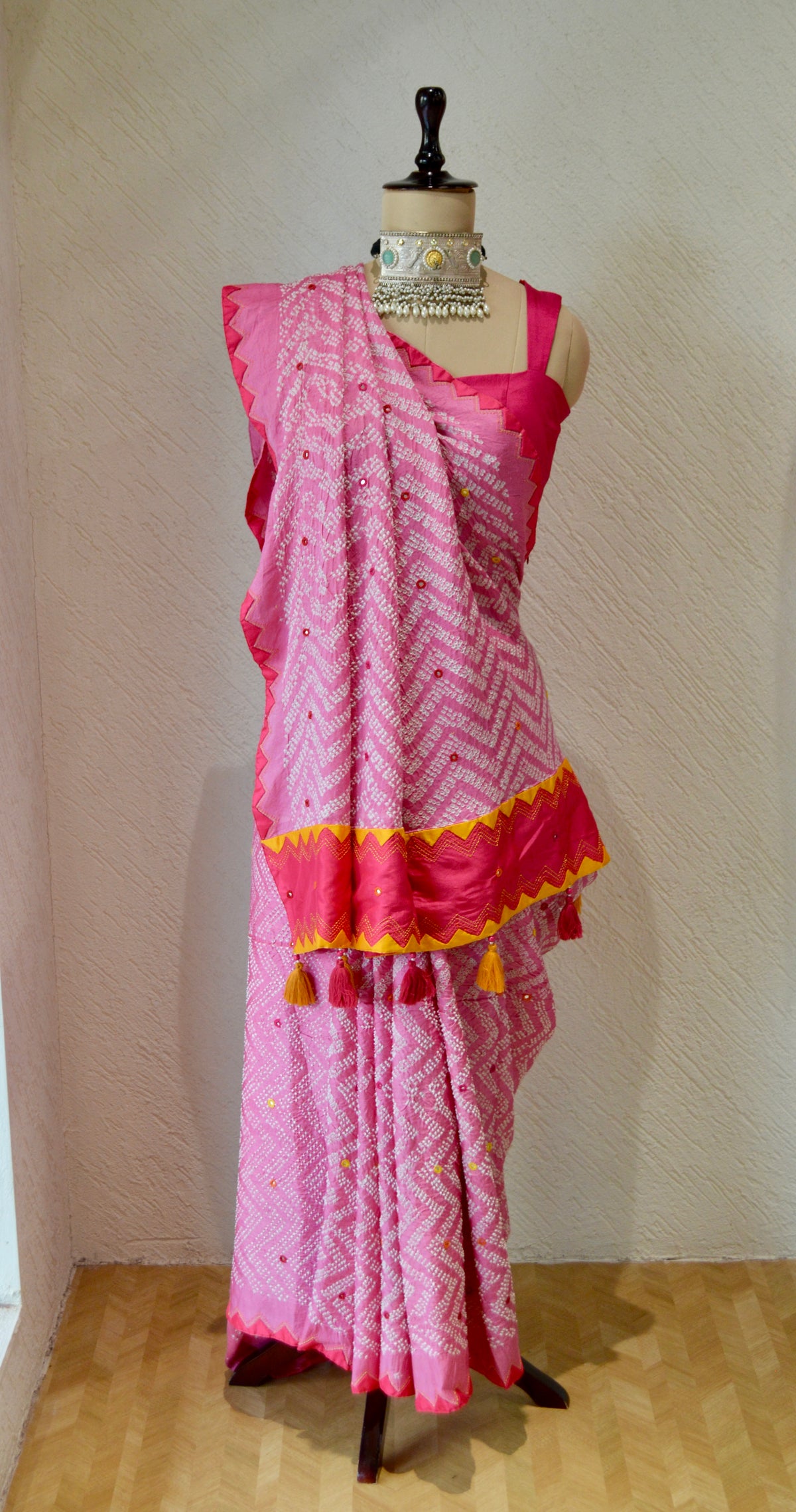 PINK CHEVRON SILK BANDHANI EMBROIDERED SAREE WITH MIRROR WORK AND APPLIQUE